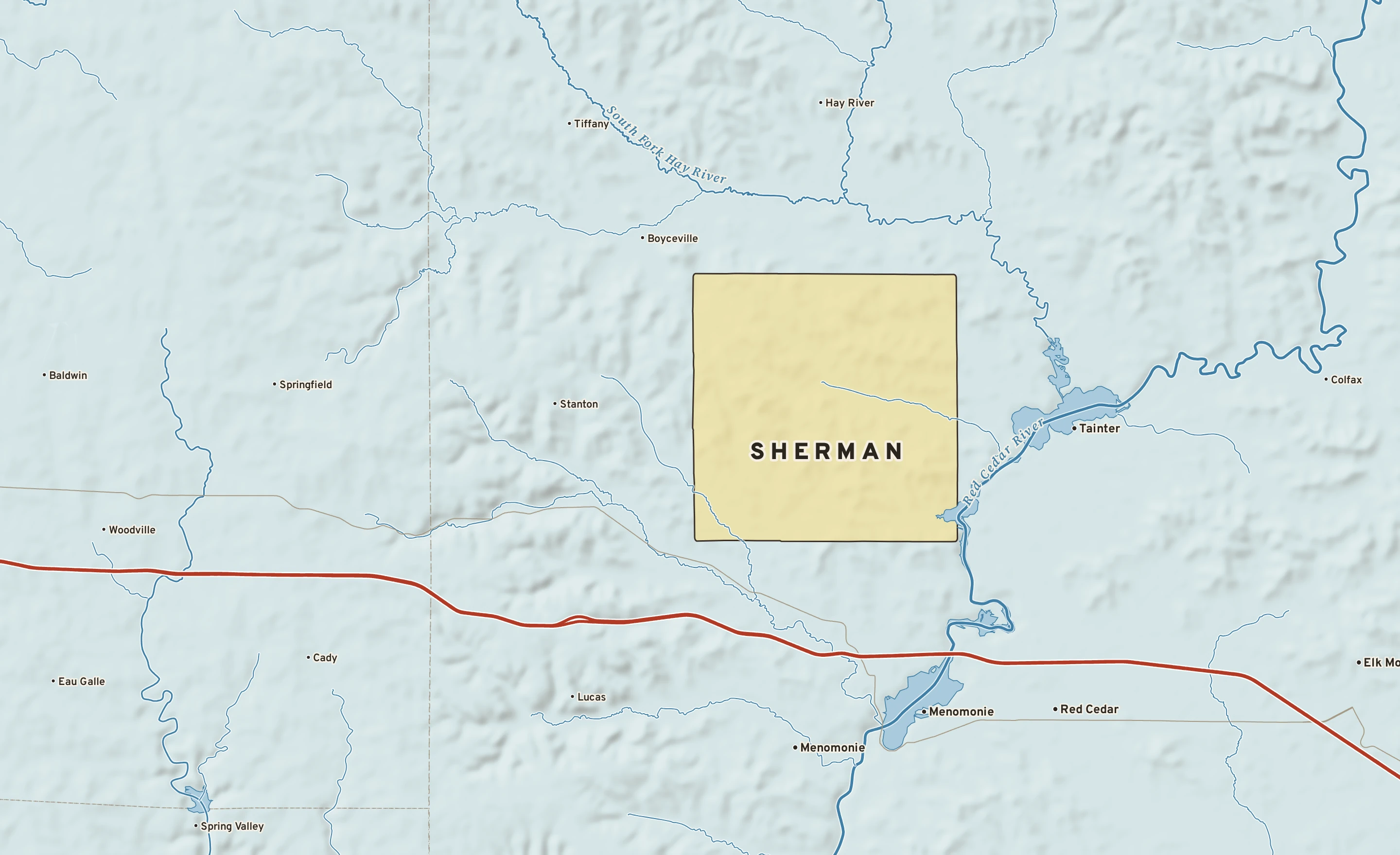 Shaded-relief atlas plate of Sherman, Wisconsin: rivers, roads, the city limits and where the water drains.
