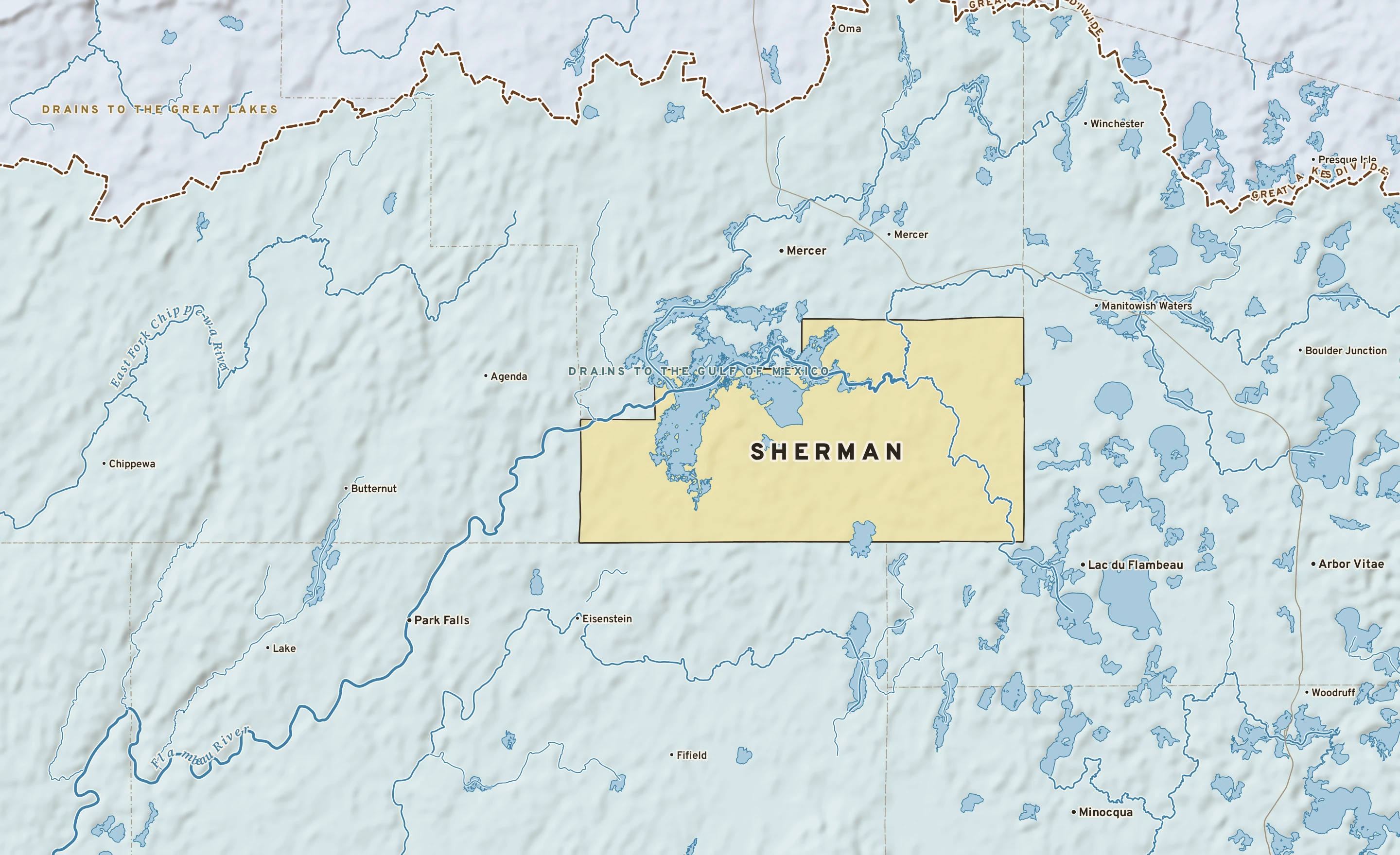 Shaded-relief atlas plate of Sherman, Wisconsin: rivers, roads, the city limits and where the water drains.