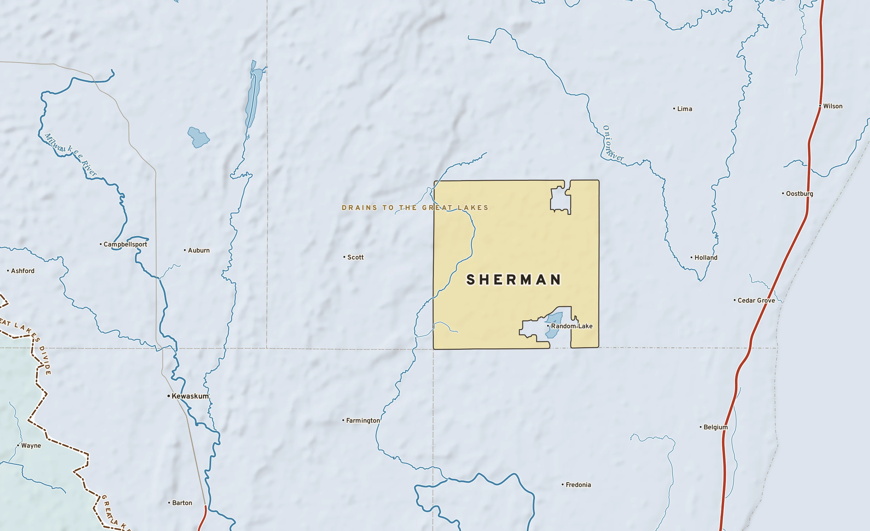 Shaded-relief atlas plate of Sherman, Wisconsin: rivers, roads, the city limits and where the water drains.