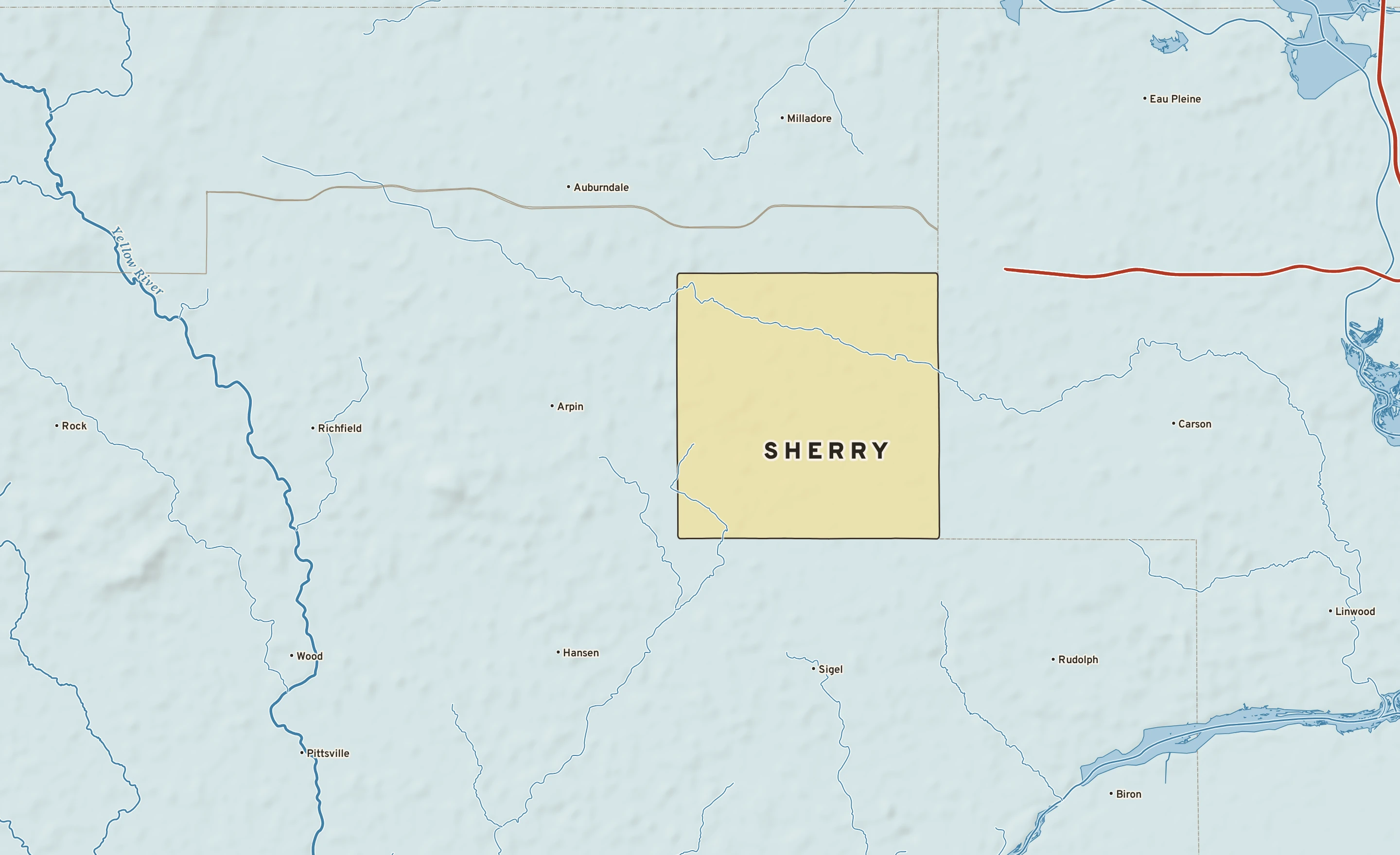 Shaded-relief atlas plate of Sherry, Wisconsin: rivers, roads, the city limits and where the water drains.