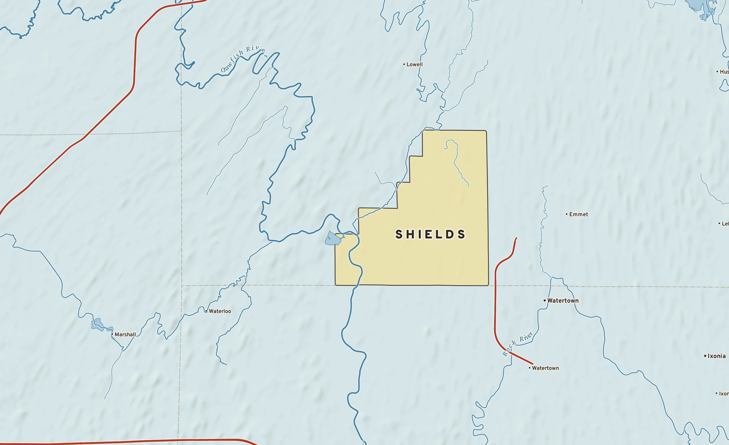 Shaded-relief atlas plate of Shields, Wisconsin: rivers, roads, the city limits and where the water drains.