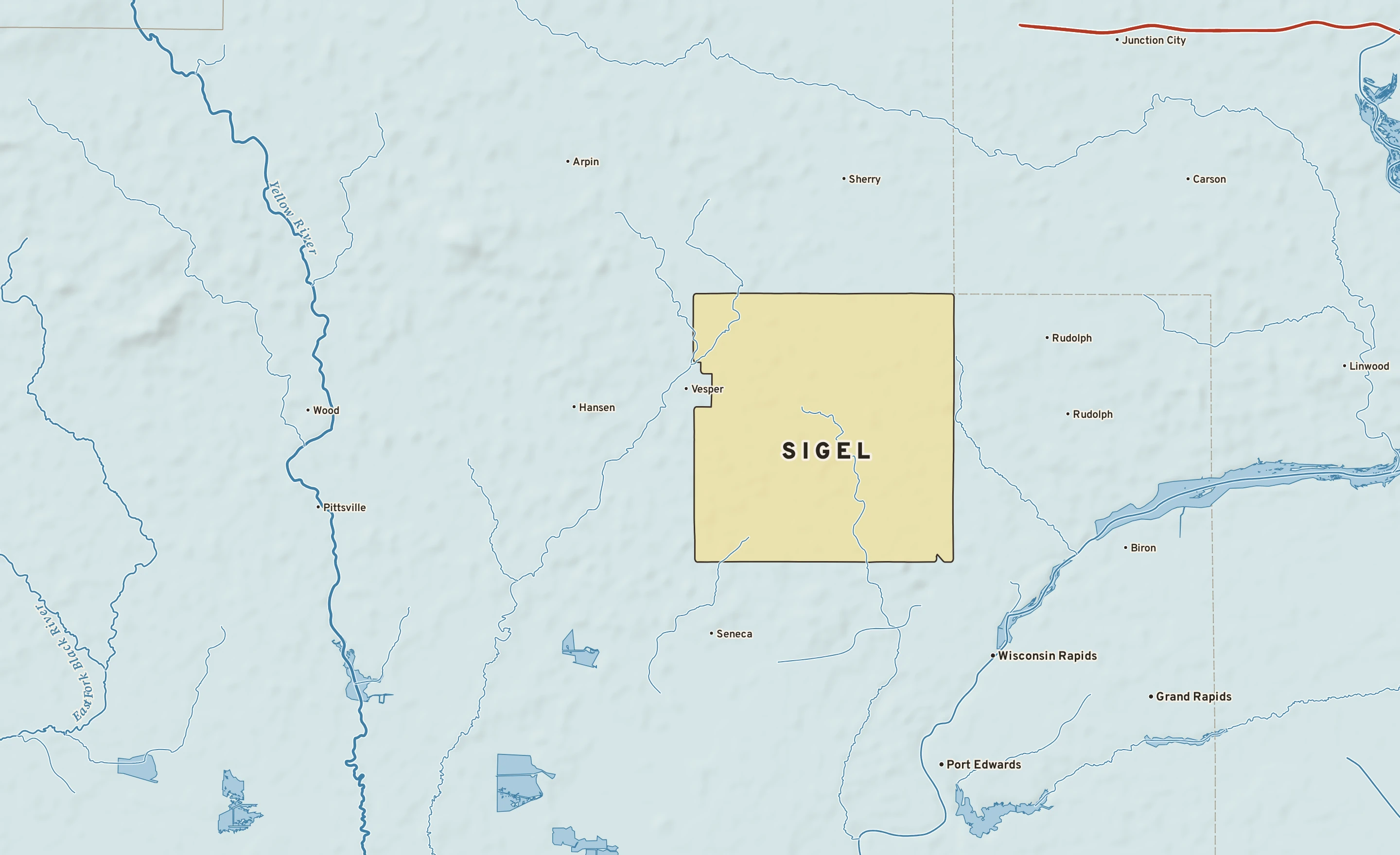 Shaded-relief atlas plate of Sigel, Wisconsin: rivers, roads, the city limits and where the water drains.