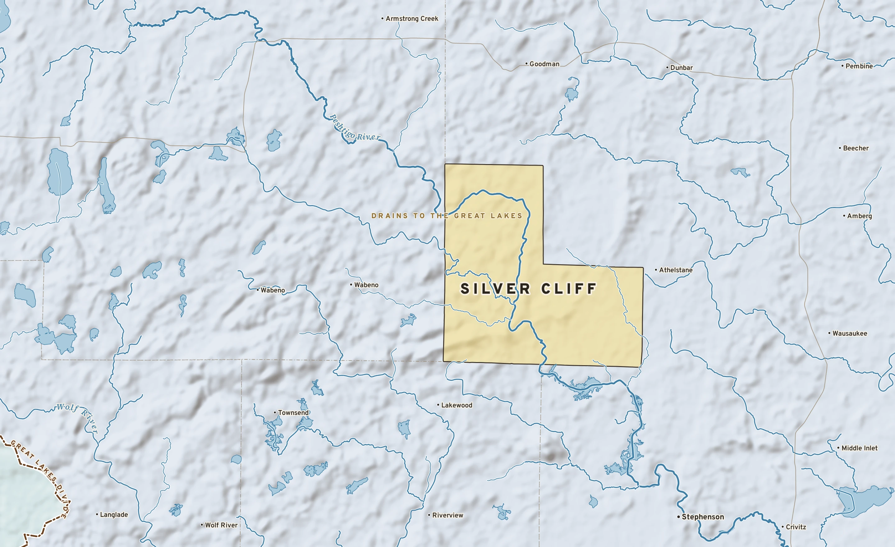 Shaded-relief atlas plate of Silver Cliff, Wisconsin: rivers, roads, the city limits and where the water drains.