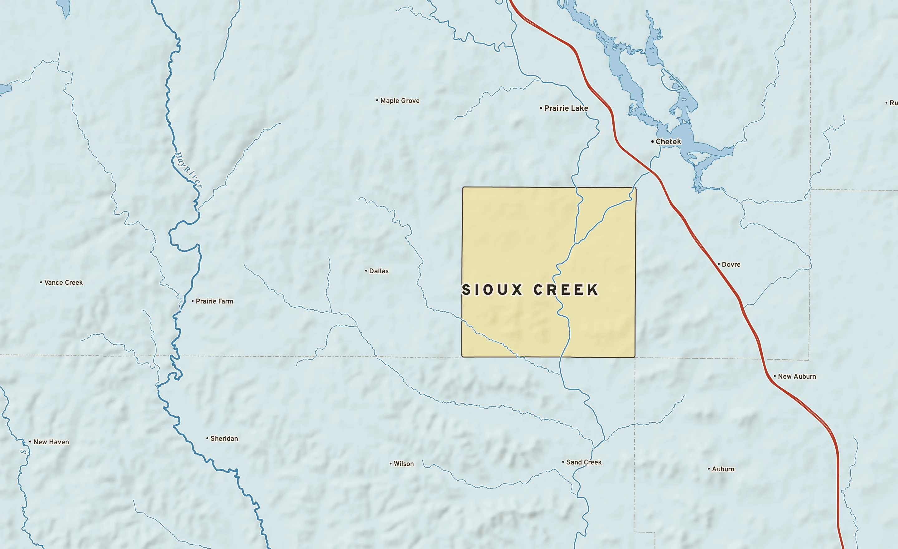 Shaded-relief atlas plate of Sioux Creek, Wisconsin: rivers, roads, the city limits and where the water drains.