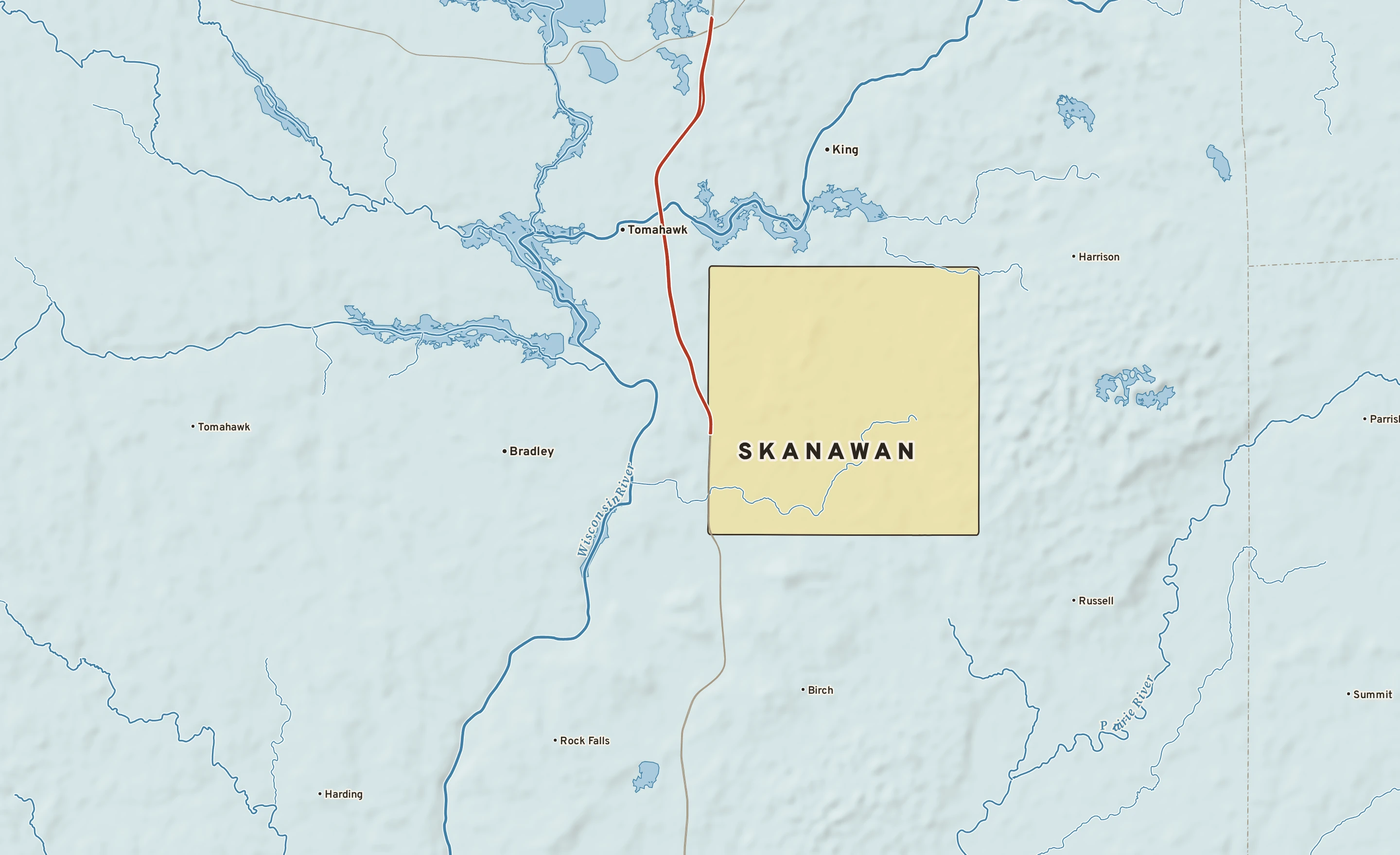 Shaded-relief atlas plate of Skanawan, Wisconsin: rivers, roads, the city limits and where the water drains.
