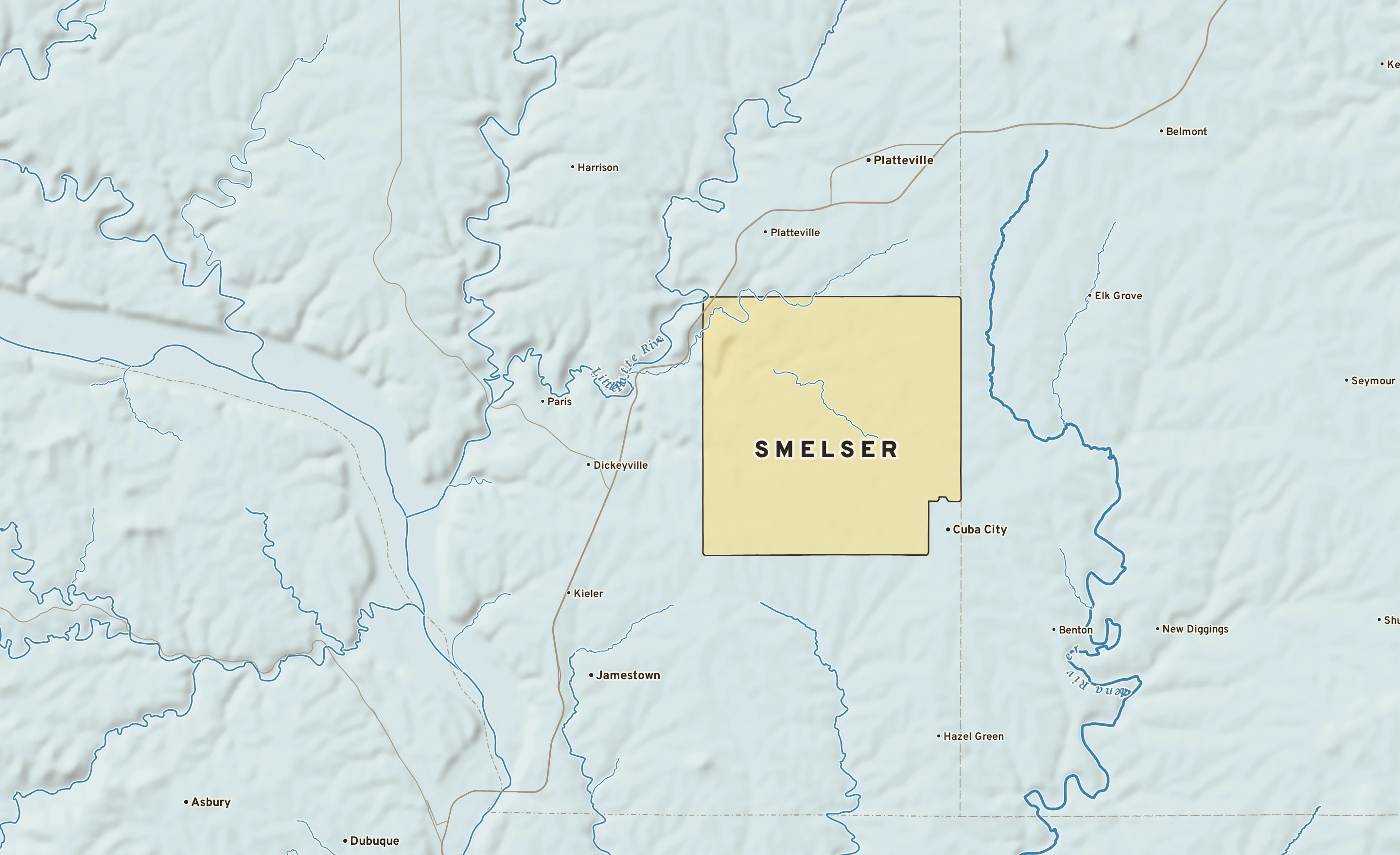 Shaded-relief atlas plate of Smelser, Wisconsin: rivers, roads, the city limits and where the water drains.