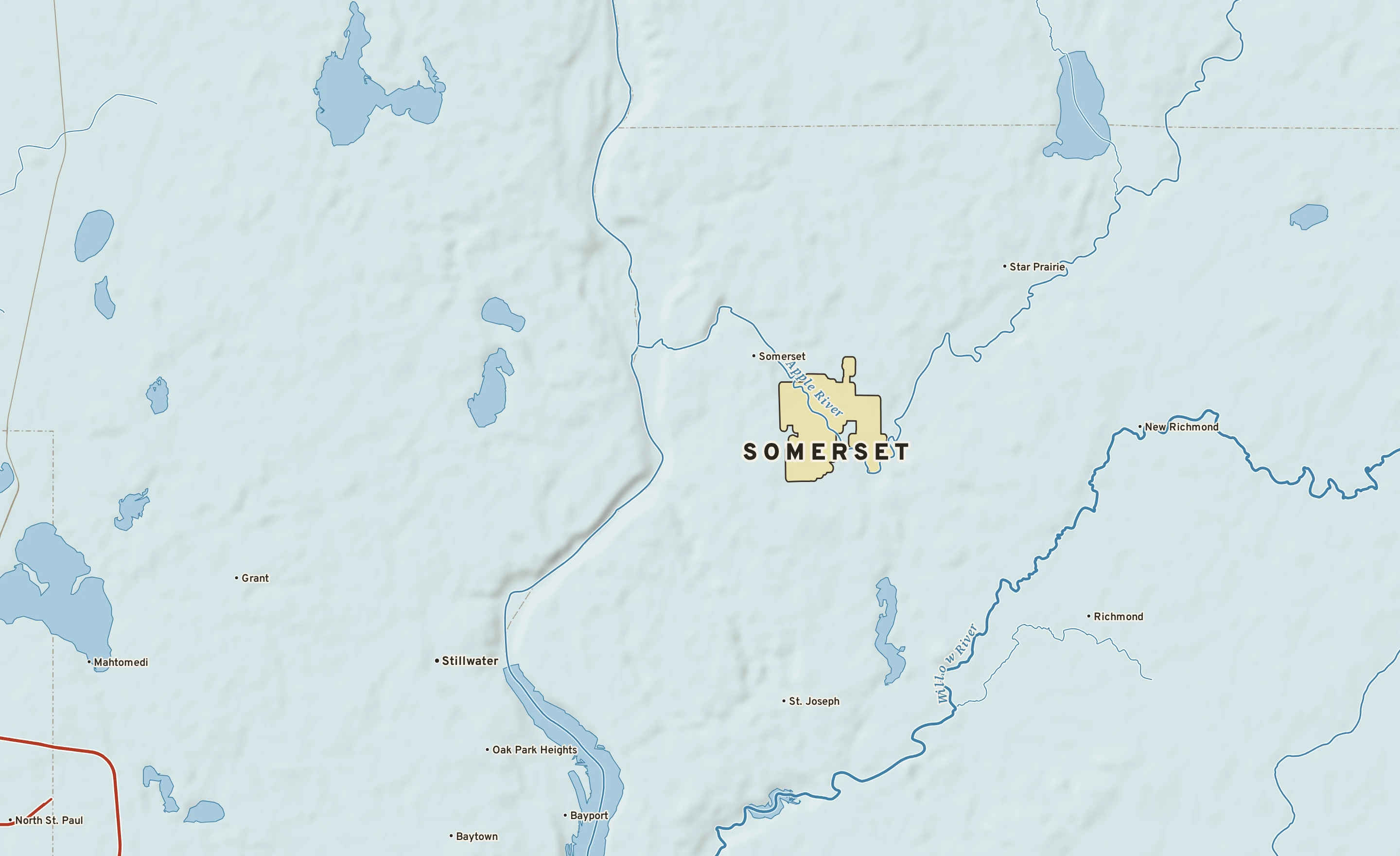 Shaded-relief atlas plate of Somerset, Wisconsin: rivers, roads, the city limits and where the water drains.