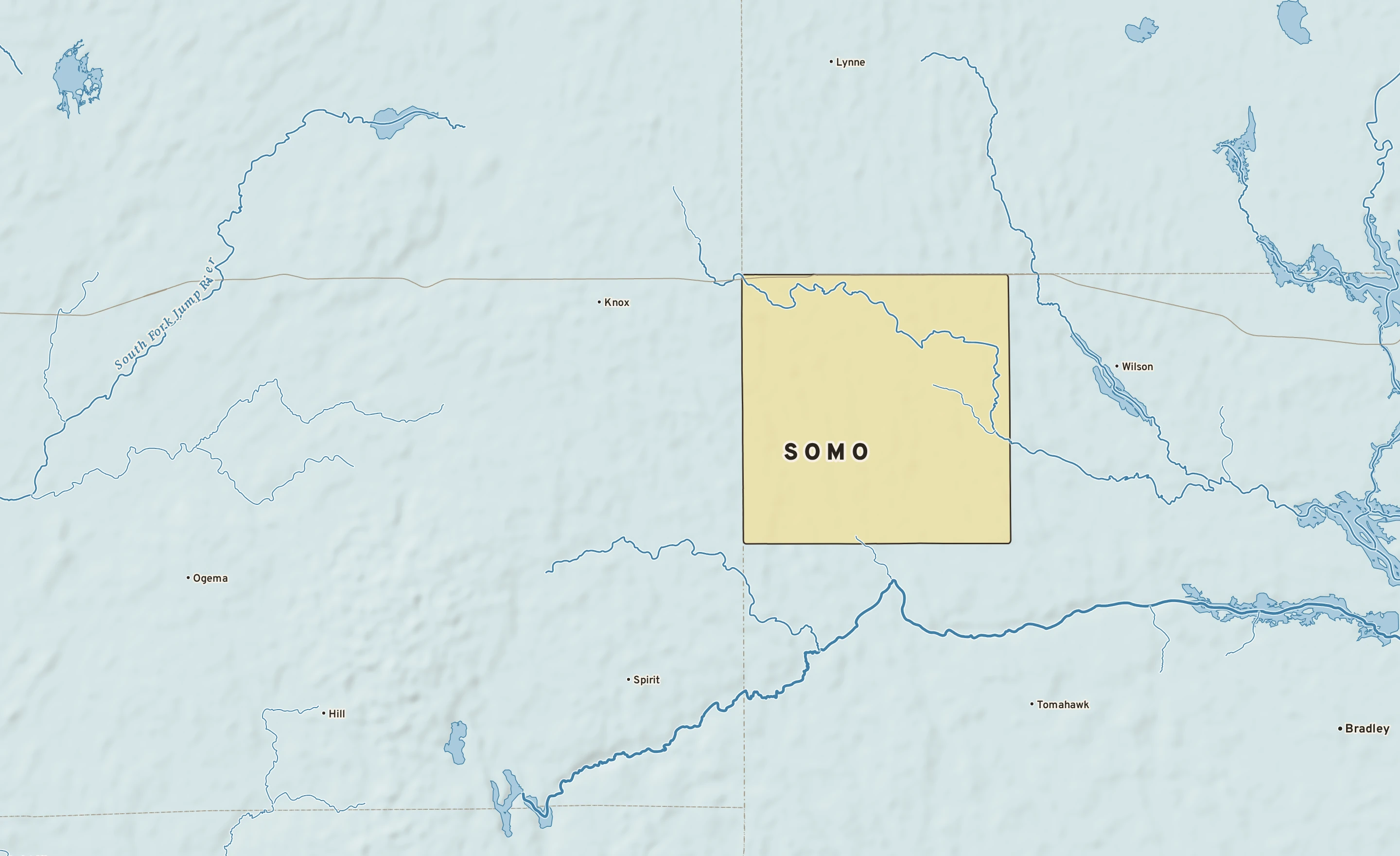 Shaded-relief atlas plate of Somo, Wisconsin: rivers, roads, the city limits and where the water drains.