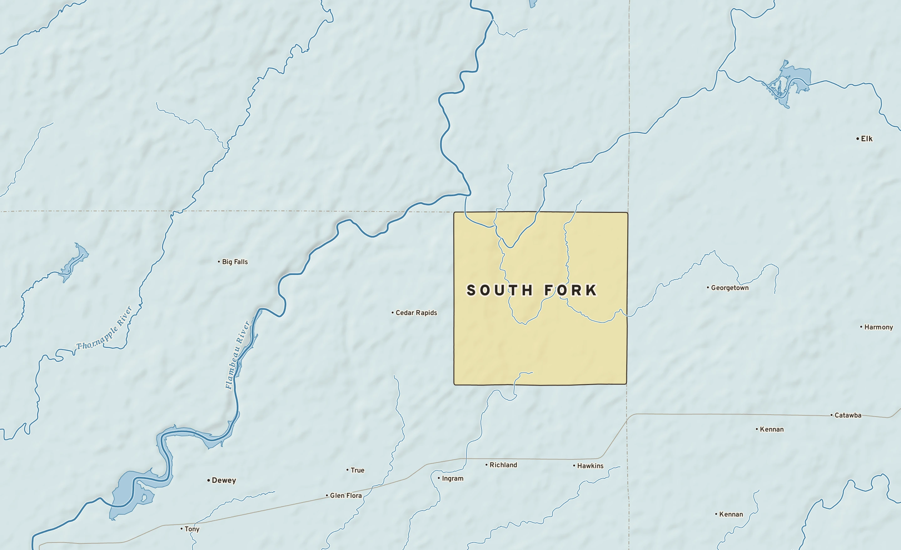 Shaded-relief atlas plate of South Fork, Wisconsin: rivers, roads, the city limits and where the water drains.