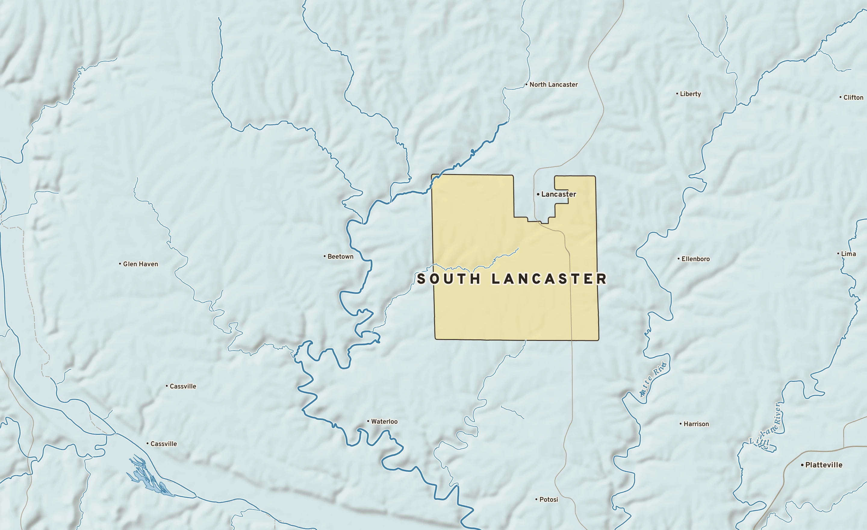 Shaded-relief atlas plate of South Lancaster, Wisconsin: rivers, roads, the city limits and where the water drains.