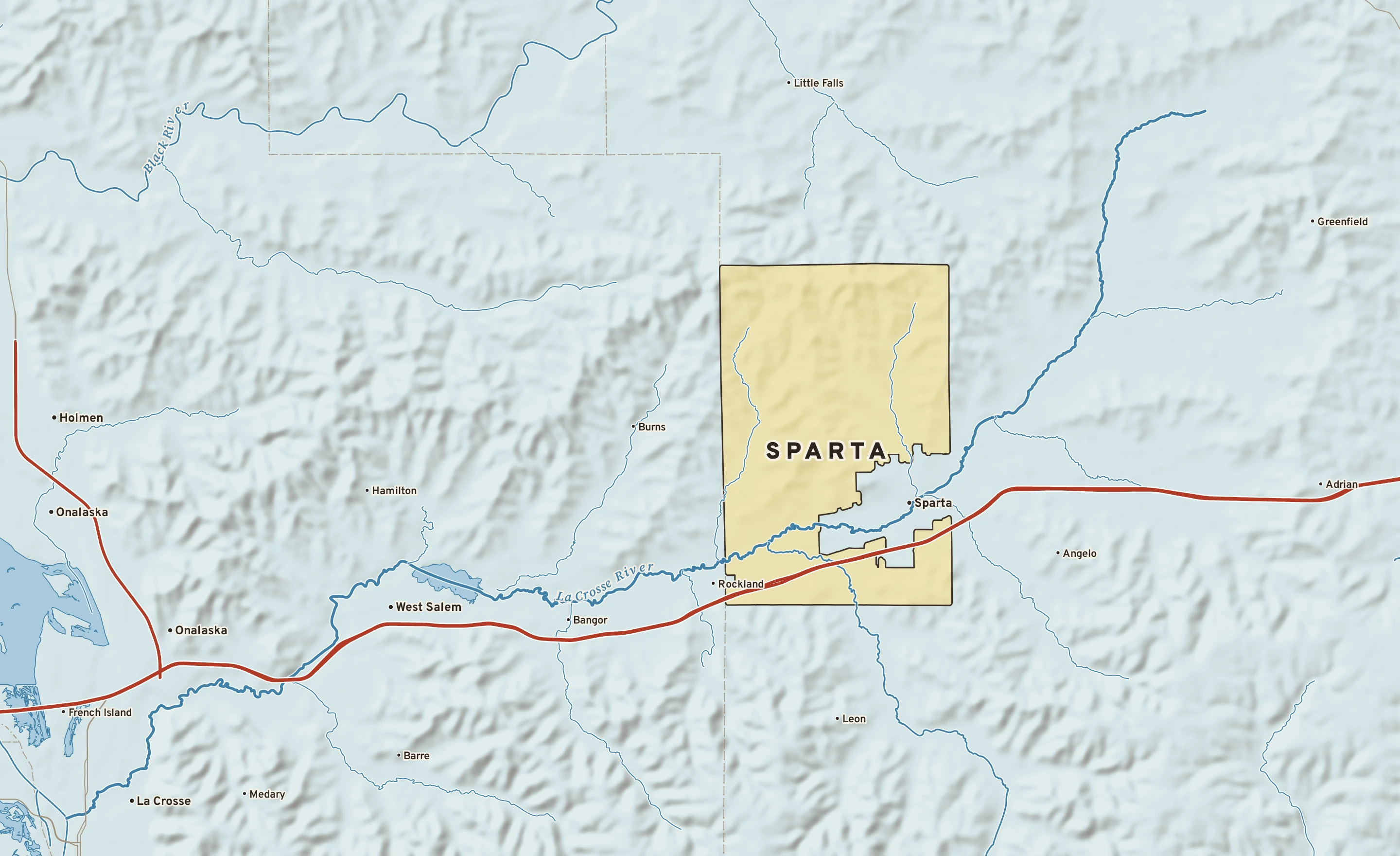 Shaded-relief atlas plate of Sparta, Wisconsin: rivers, roads, the city limits and where the water drains.