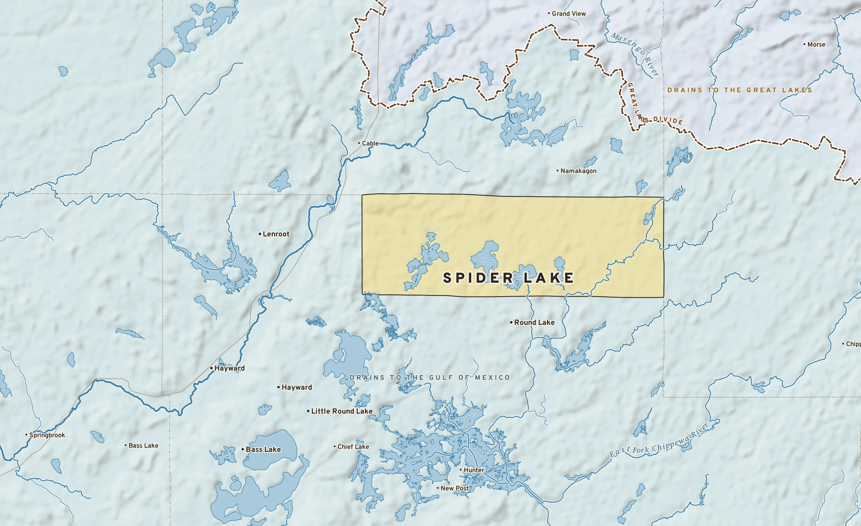 Shaded-relief atlas plate of Spider Lake, Wisconsin: rivers, roads, the city limits and where the water drains.