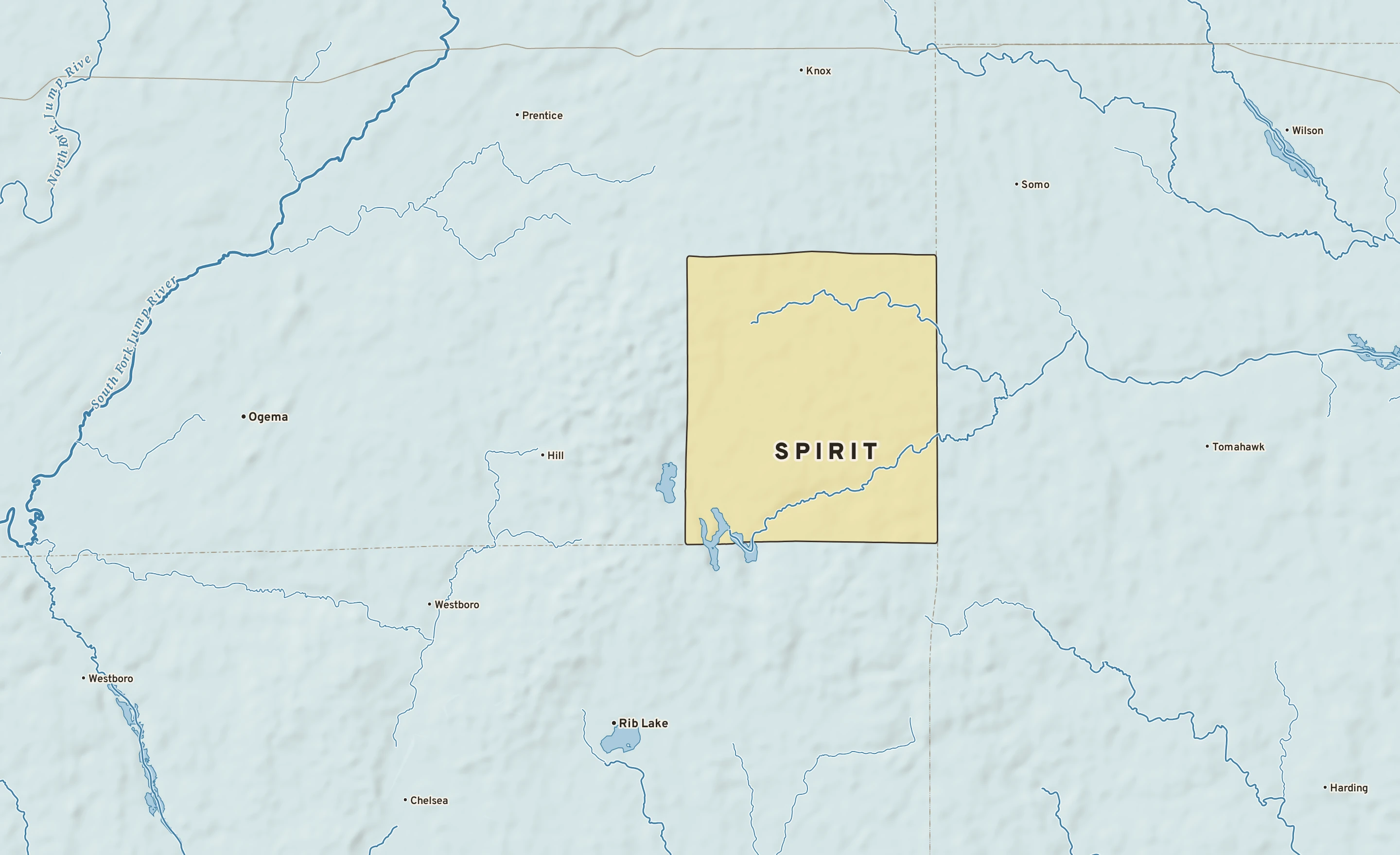 Shaded-relief atlas plate of Spirit, Wisconsin: rivers, roads, the city limits and where the water drains.