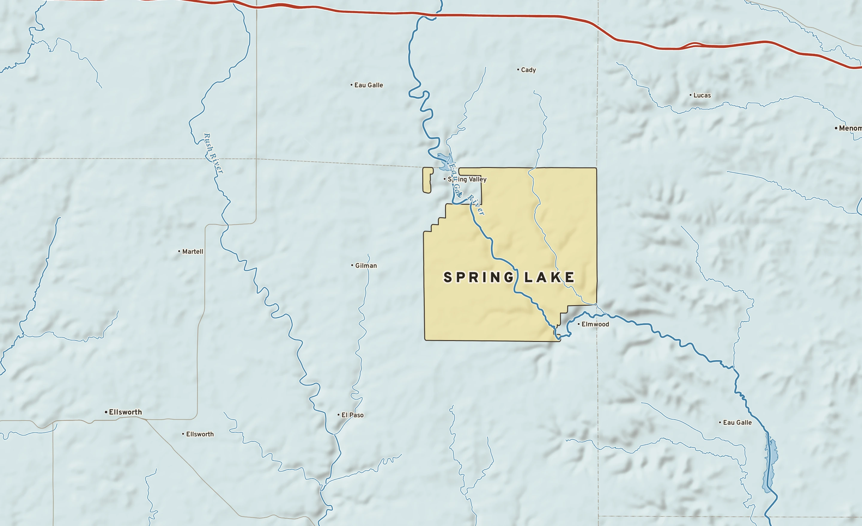 Shaded-relief atlas plate of Spring Lake, Wisconsin: rivers, roads, the city limits and where the water drains.