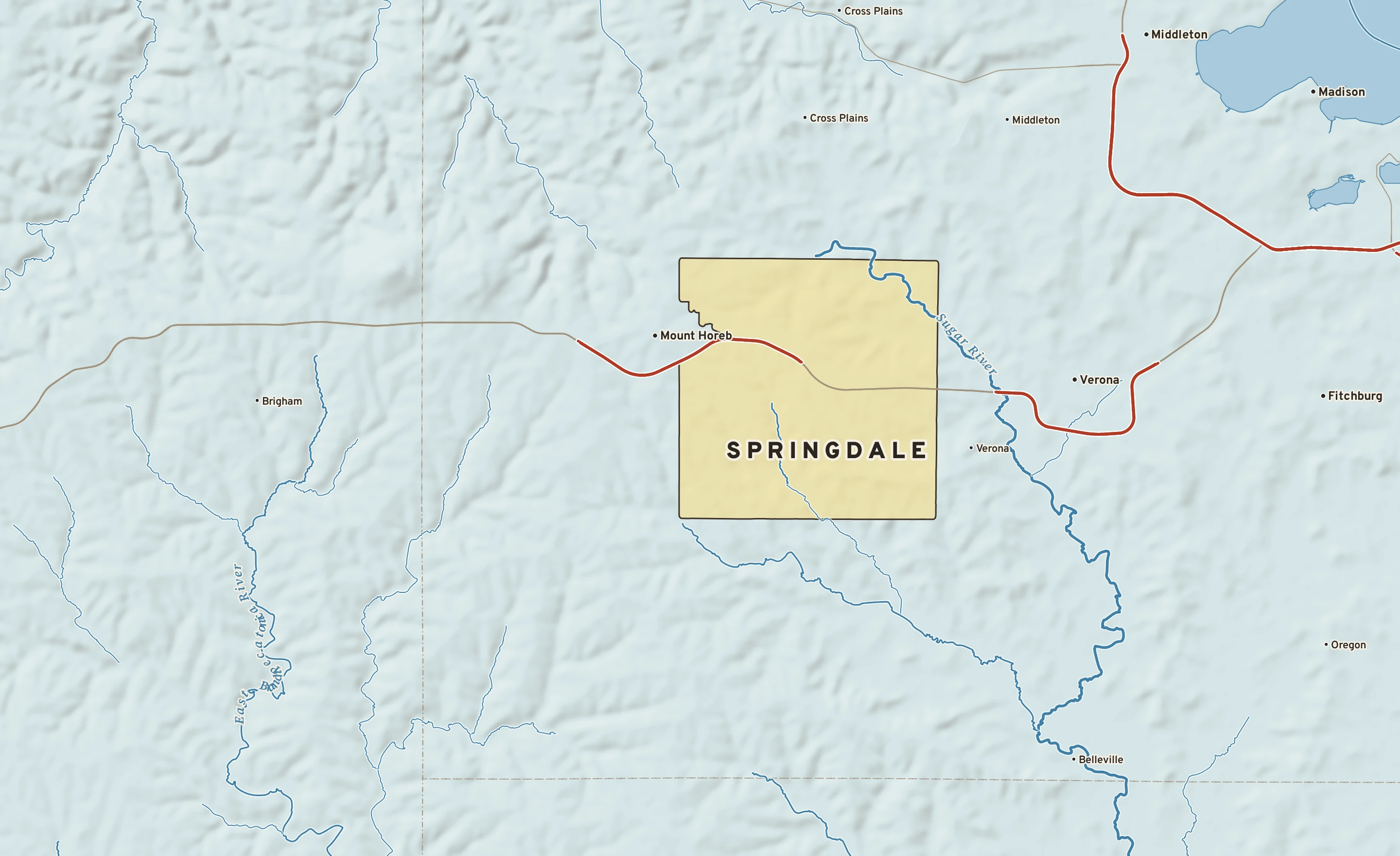 Shaded-relief atlas plate of Springdale, Wisconsin: rivers, roads, the city limits and where the water drains.