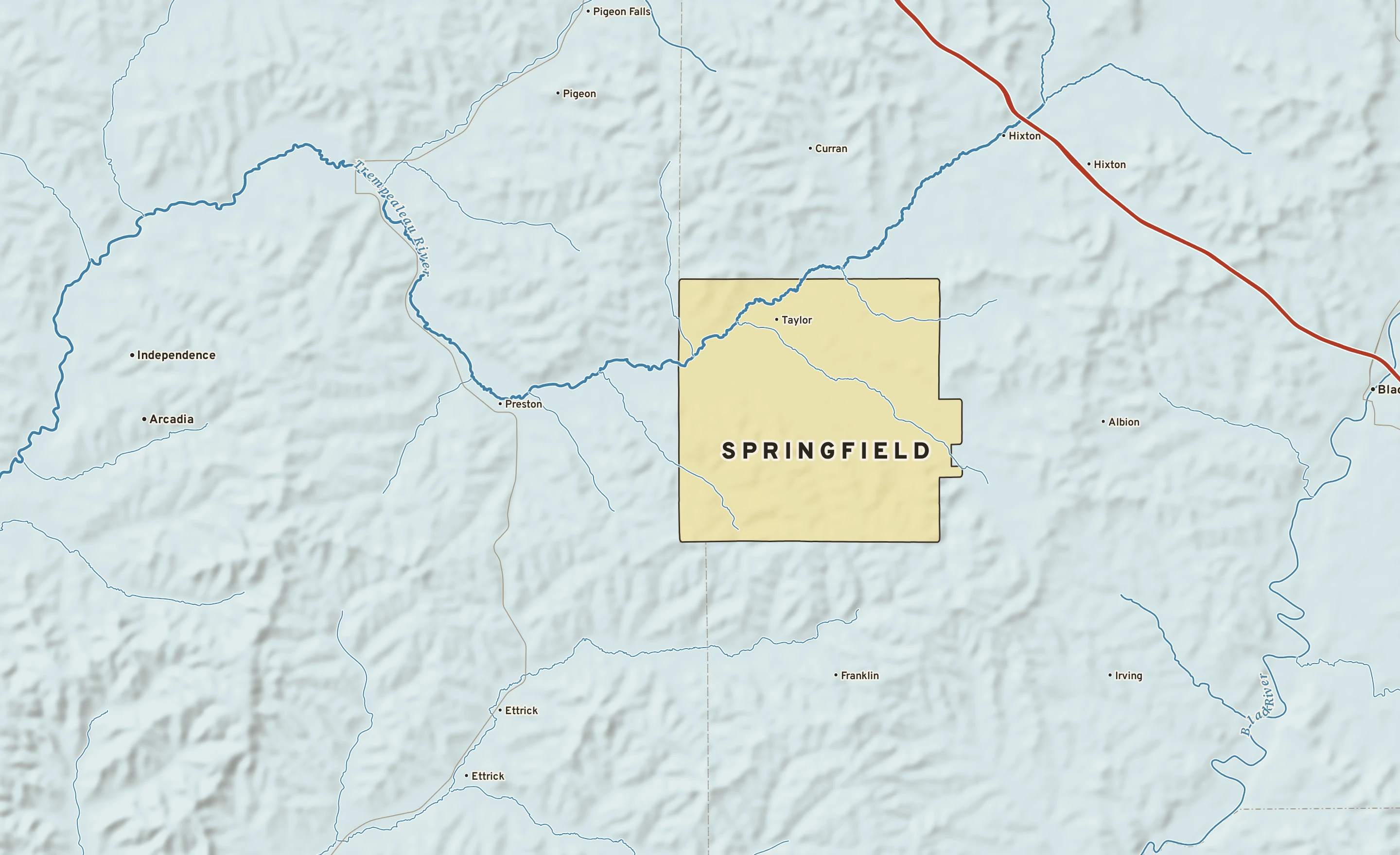 Shaded-relief atlas plate of Springfield, Wisconsin: rivers, roads, the city limits and where the water drains.