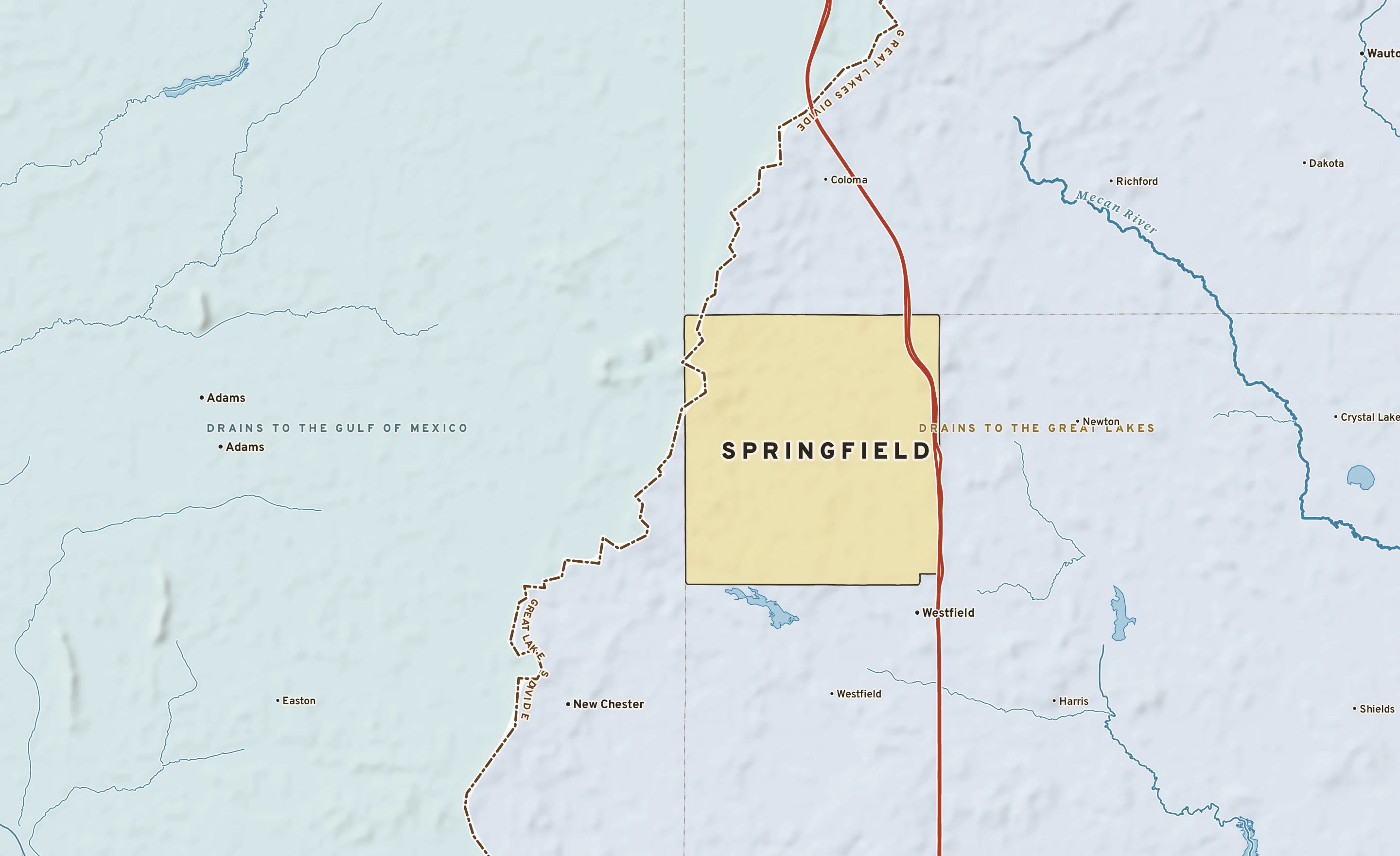 Shaded-relief atlas plate of Springfield, Wisconsin: rivers, roads, the city limits and where the water drains.
