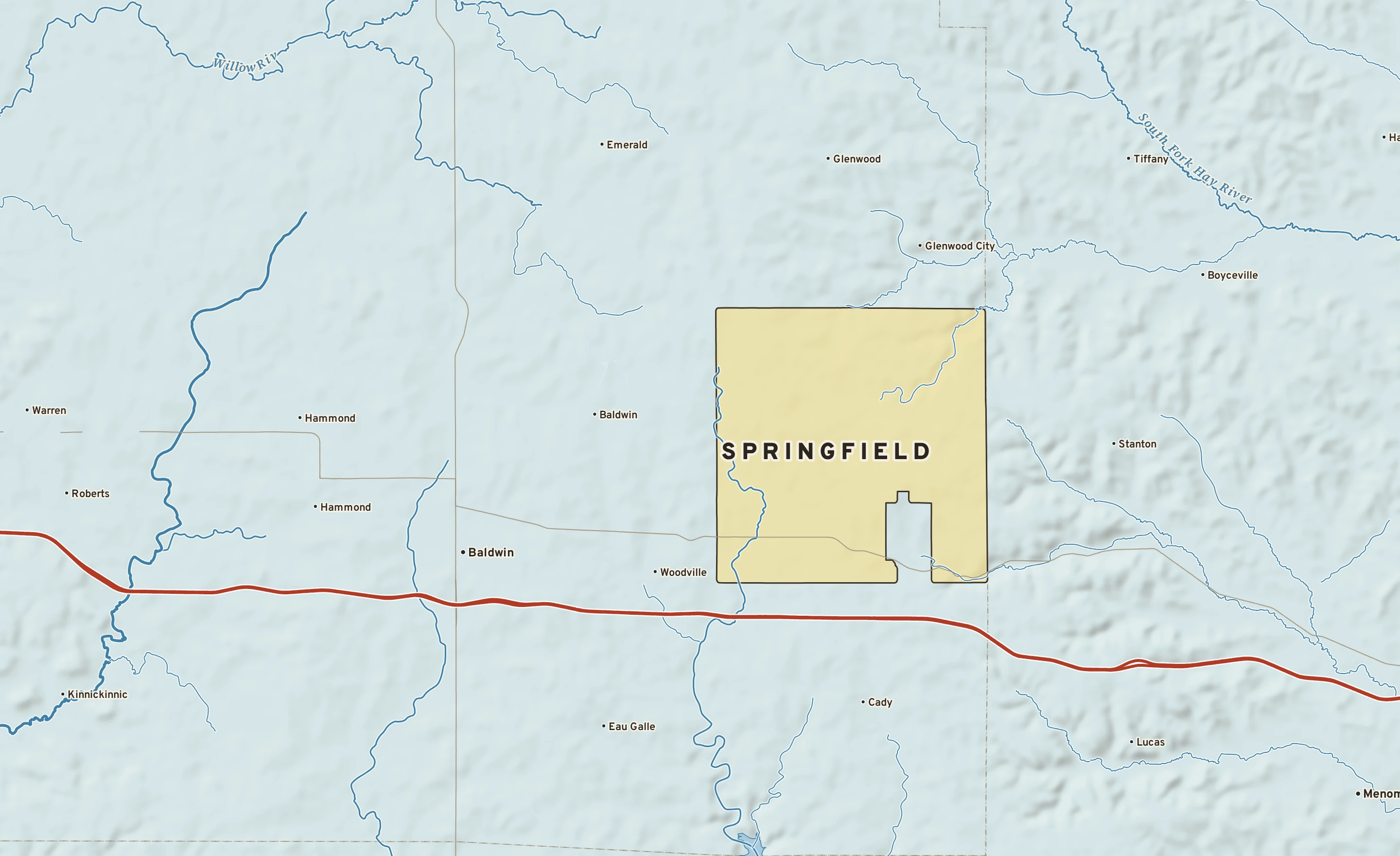Shaded-relief atlas plate of Springfield, Wisconsin: rivers, roads, the city limits and where the water drains.