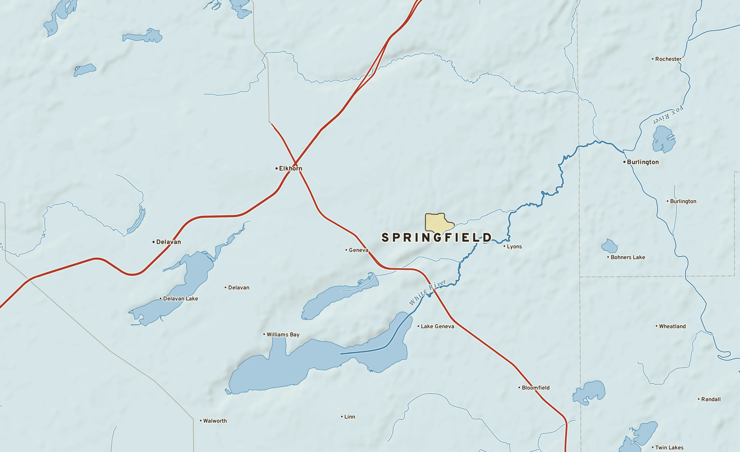 Shaded-relief atlas plate of Springfield, Wisconsin: rivers, roads, the city limits and where the water drains.