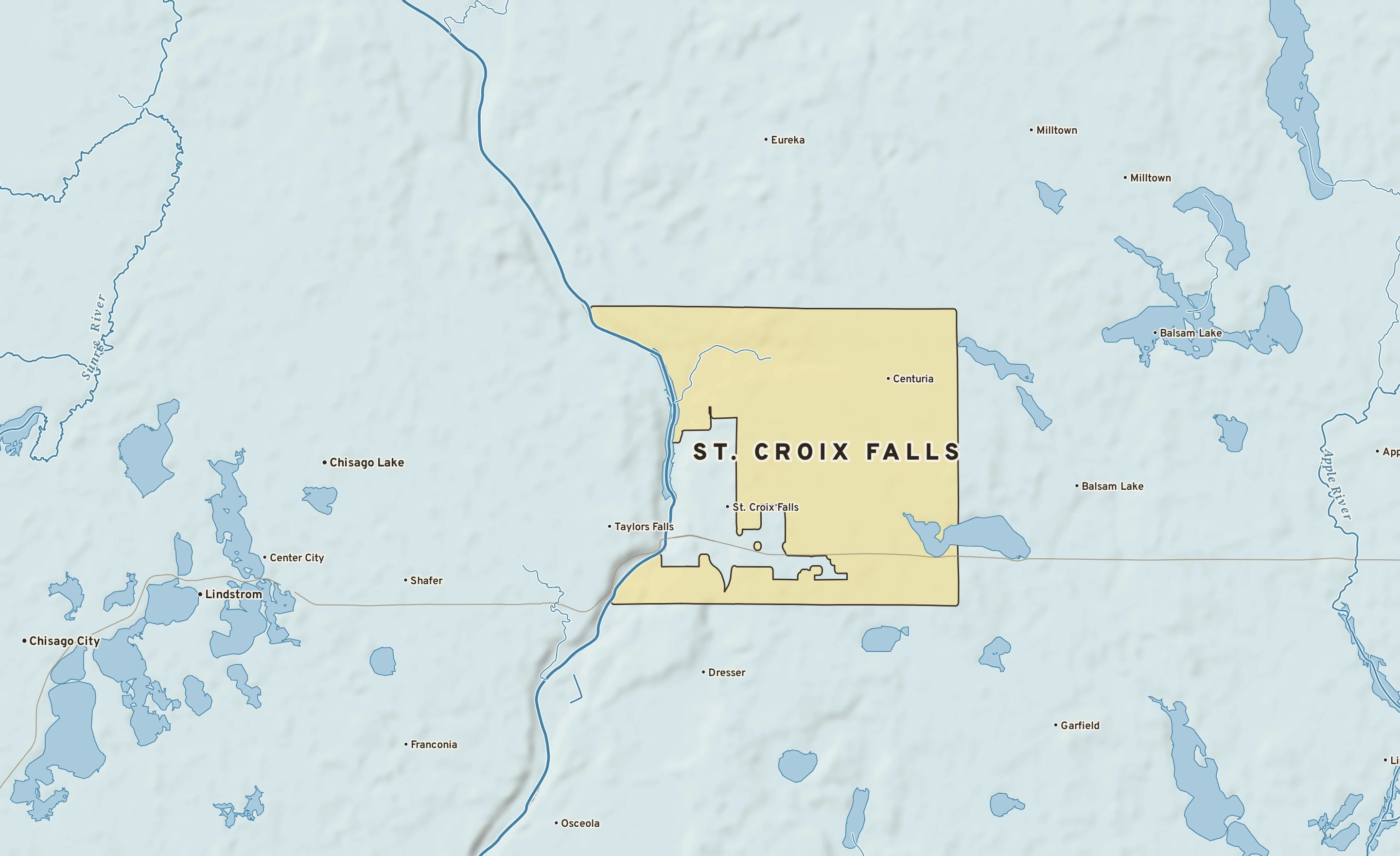 Shaded-relief atlas plate of St. Croix Falls, Wisconsin: rivers, roads, the city limits and where the water drains.