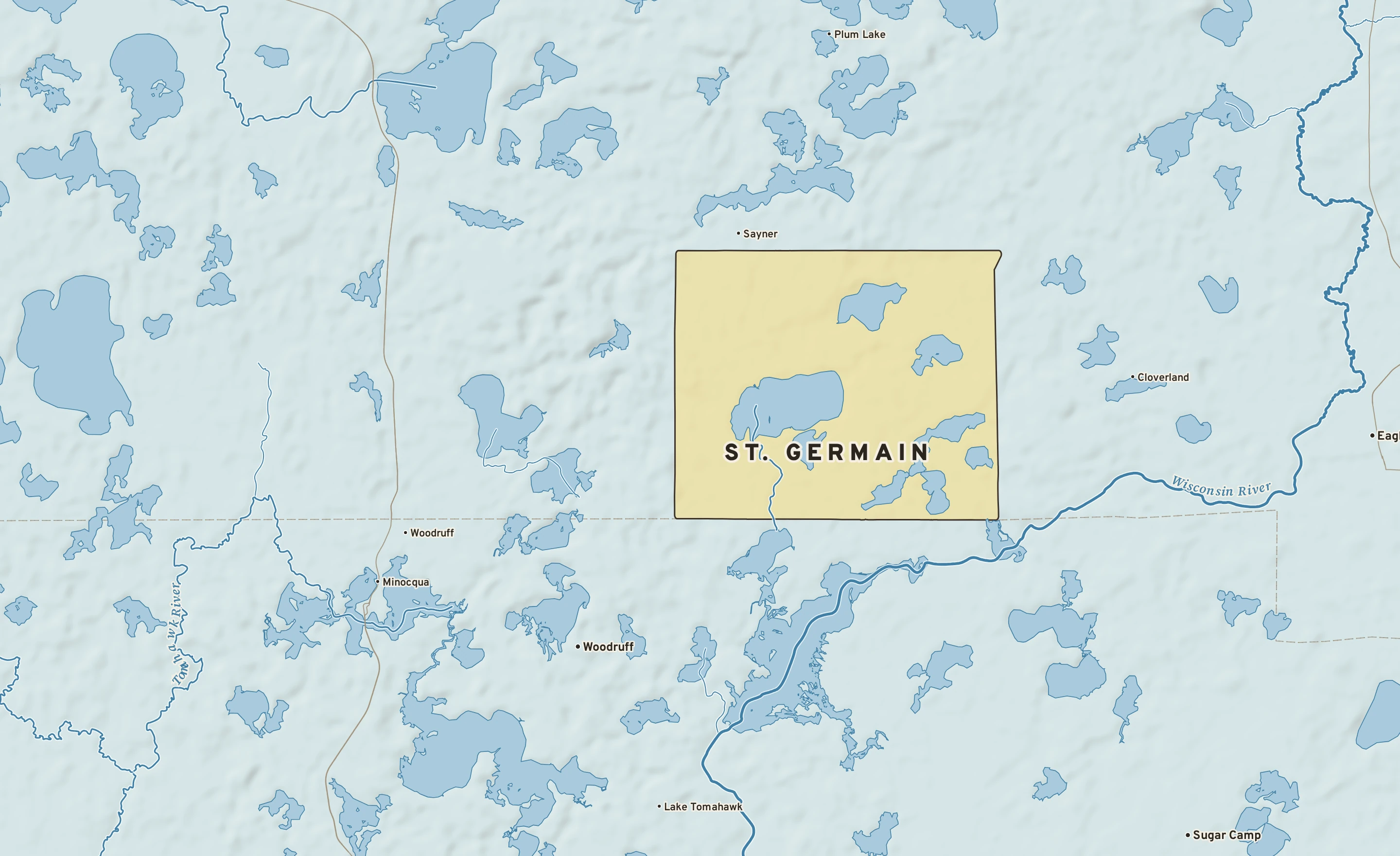 Shaded-relief atlas plate of St. Germain, Wisconsin: rivers, roads, the city limits and where the water drains.