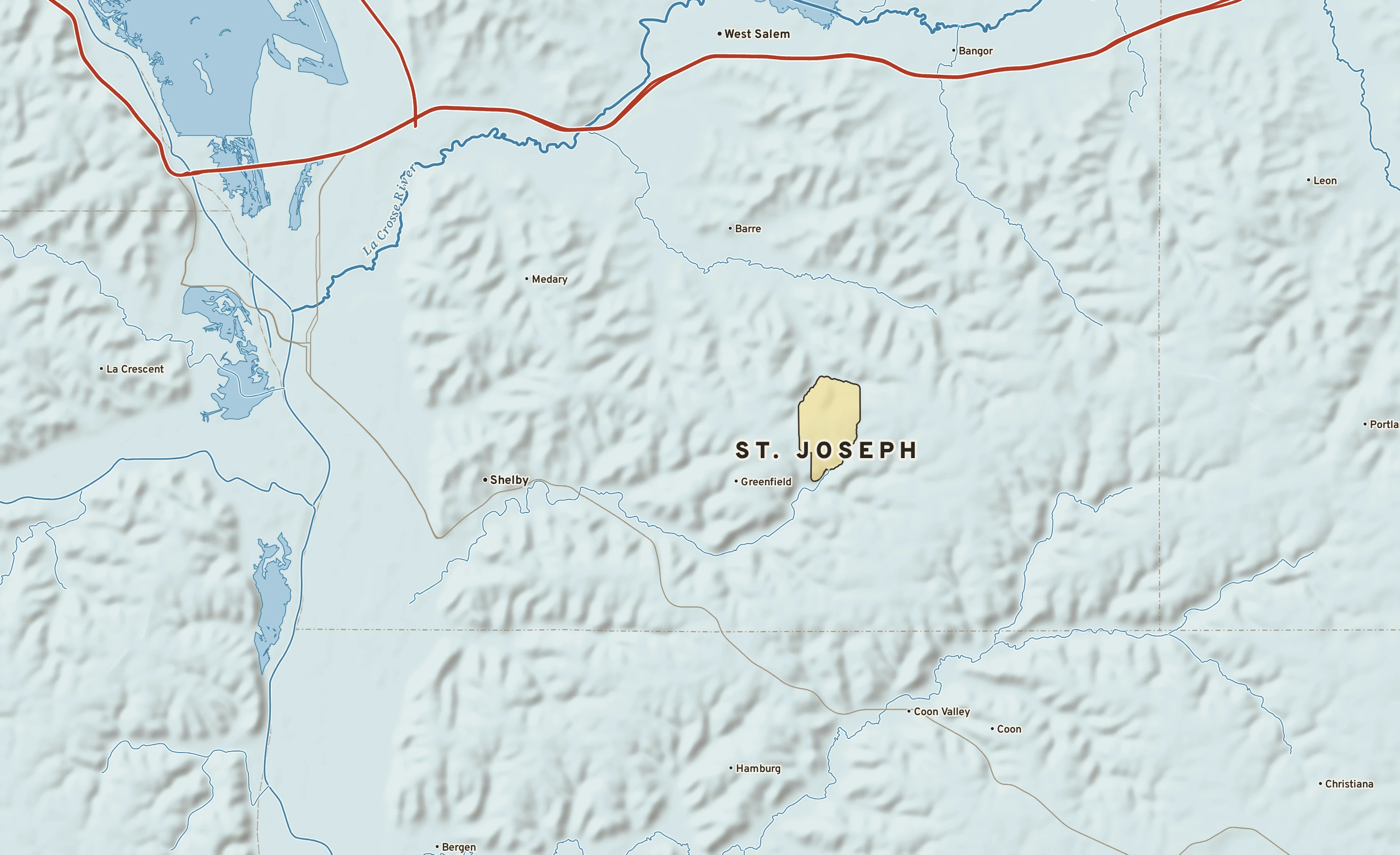 Shaded-relief atlas plate of St. Joseph, Wisconsin: rivers, roads, the city limits and where the water drains.