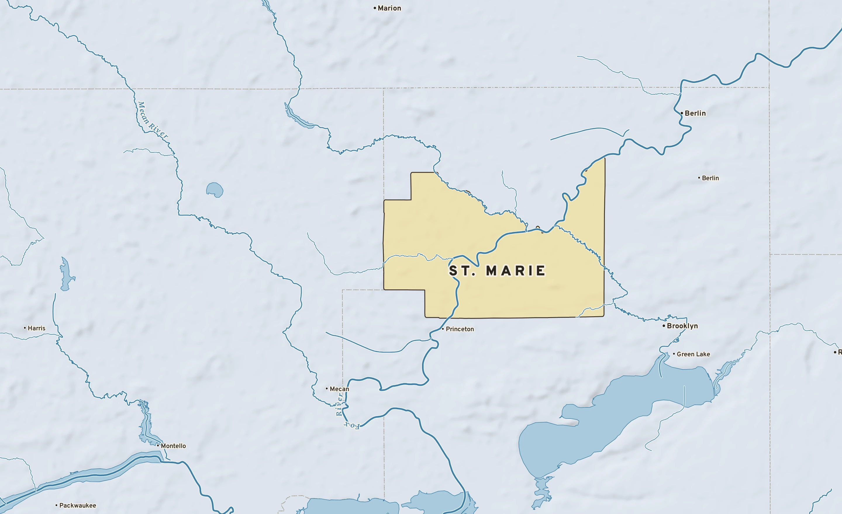 Shaded-relief atlas plate of St. Marie, Wisconsin: rivers, roads, the city limits and where the water drains.