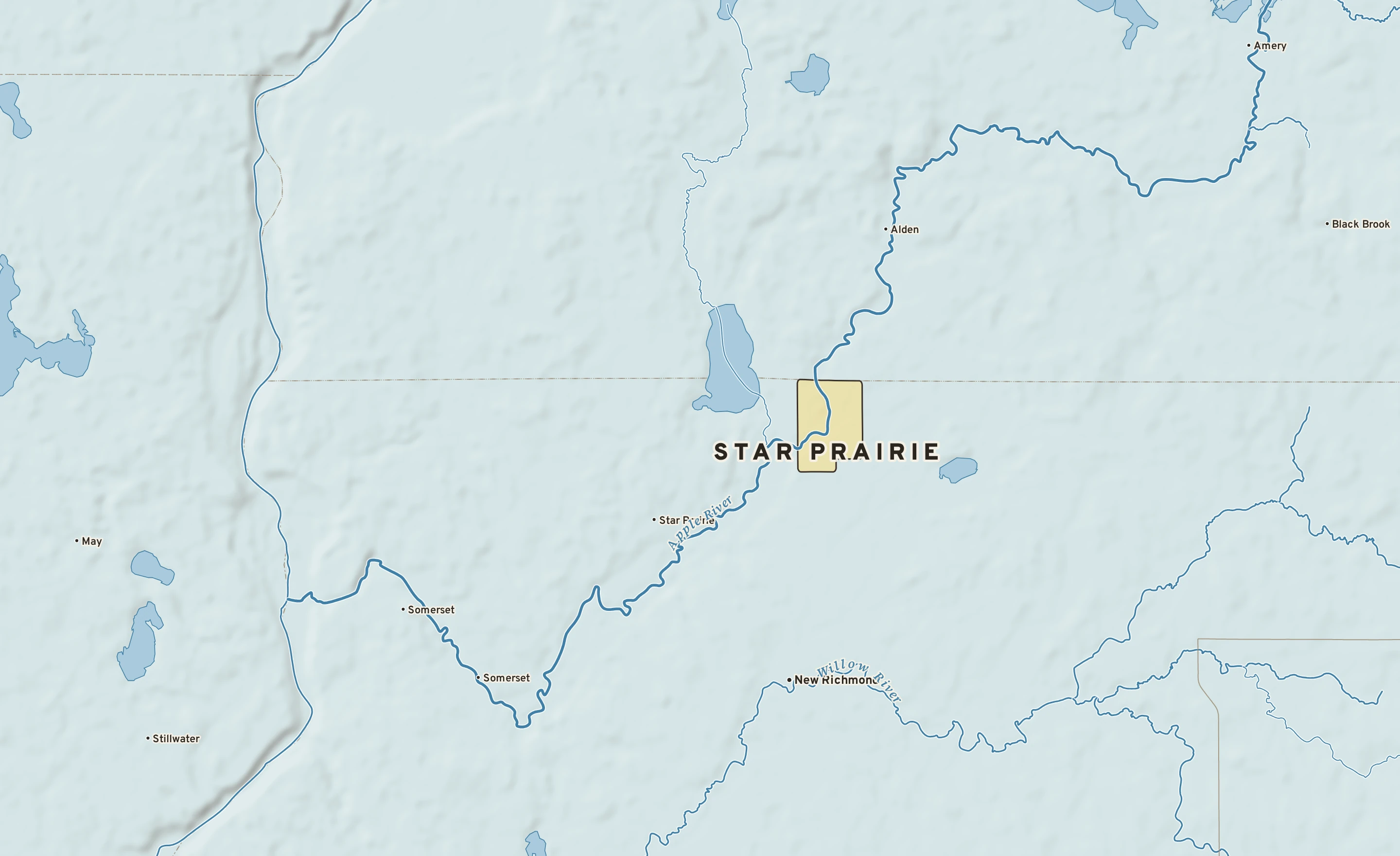 Shaded-relief atlas plate of Star Prairie, Wisconsin: rivers, roads, the city limits and where the water drains.