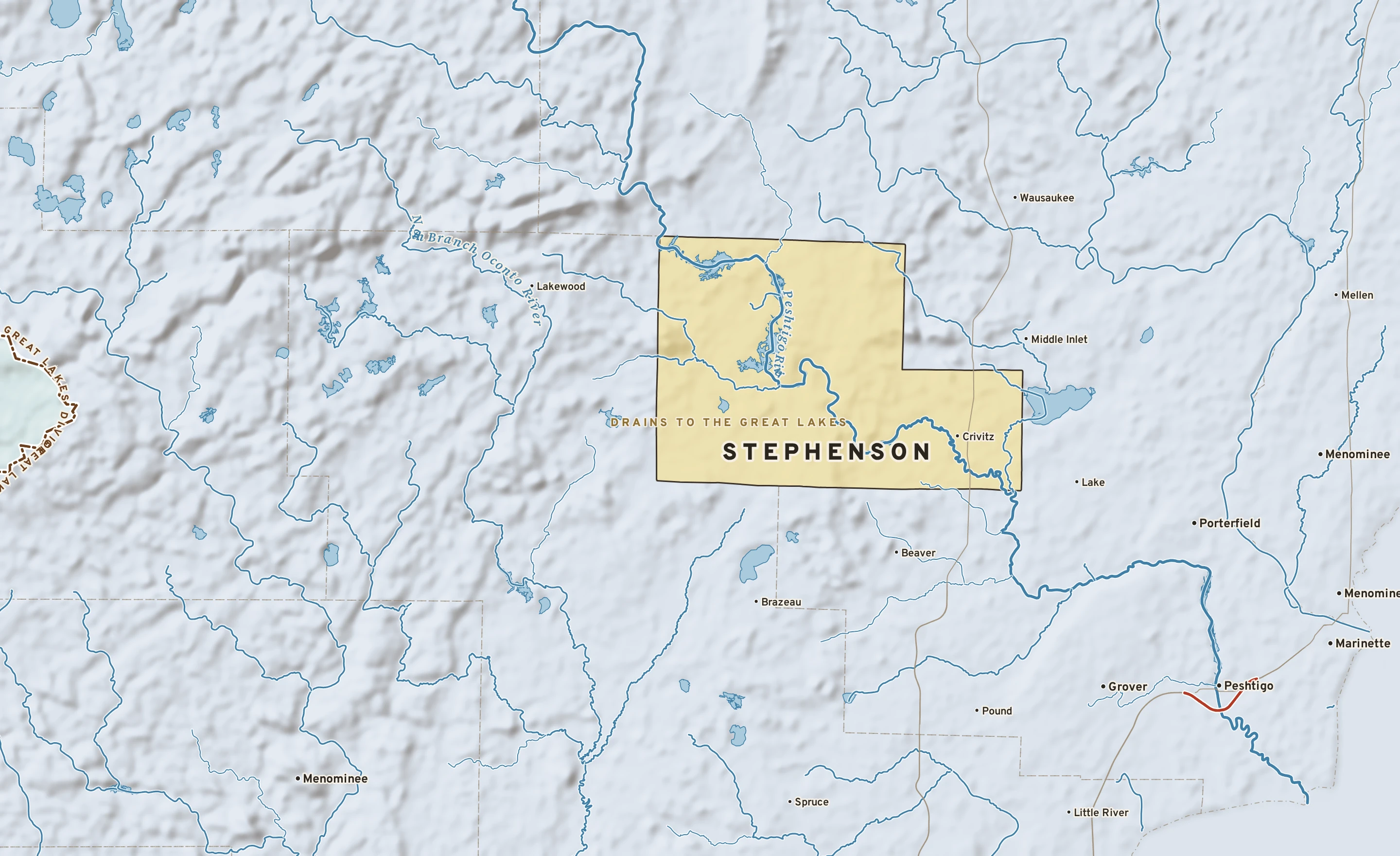 Shaded-relief atlas plate of Stephenson, Wisconsin: rivers, roads, the city limits and where the water drains.