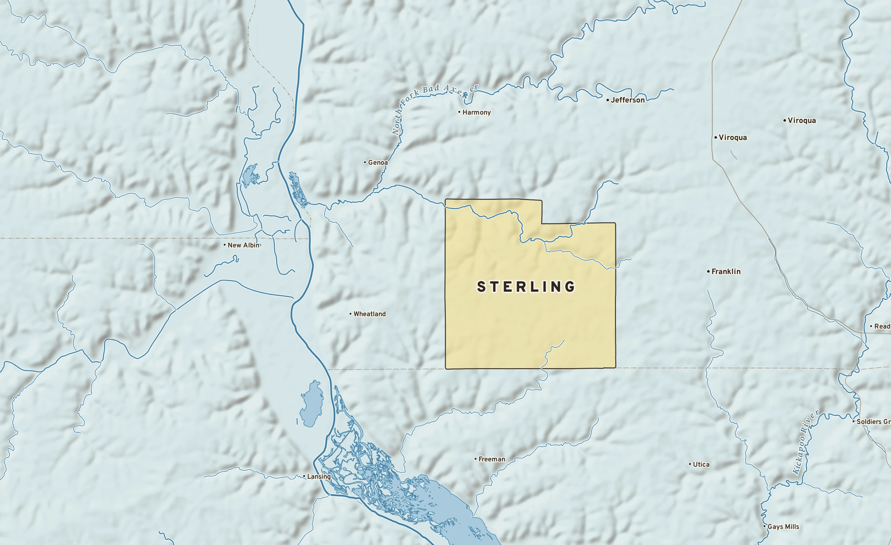 Shaded-relief atlas plate of Sterling, Wisconsin: rivers, roads, the city limits and where the water drains.