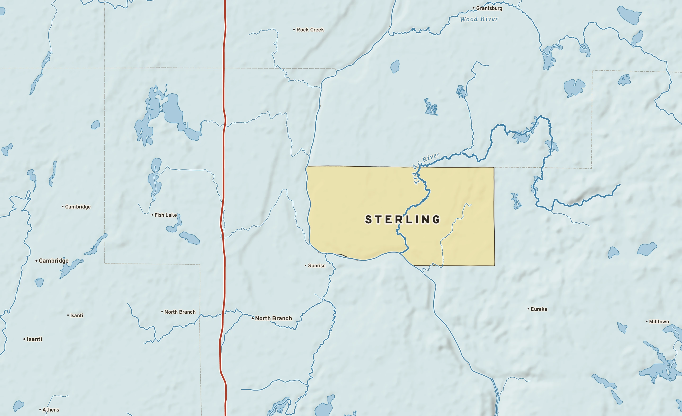 Shaded-relief atlas plate of Sterling, Wisconsin: rivers, roads, the city limits and where the water drains.