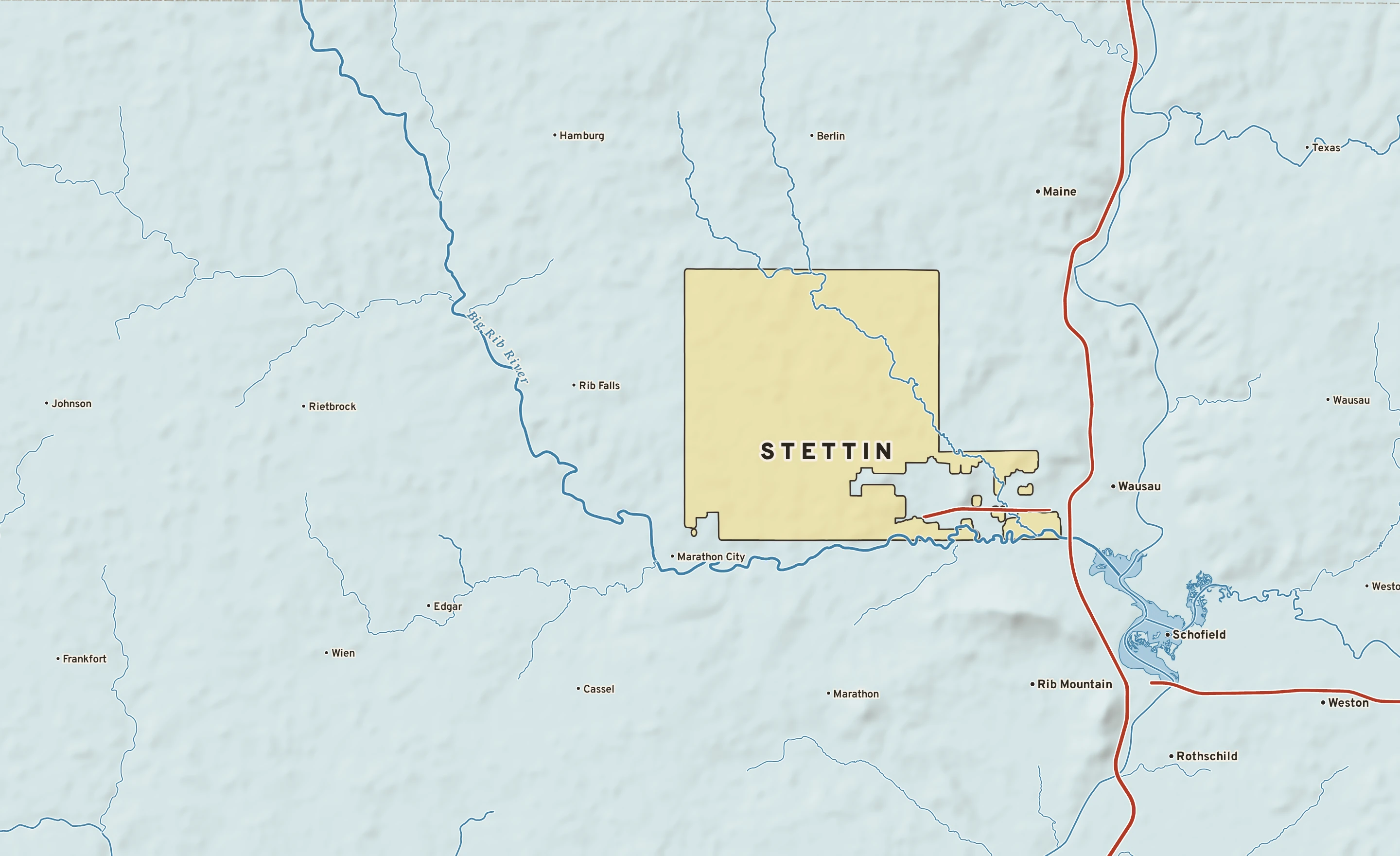 Shaded-relief atlas plate of Stettin, Wisconsin: rivers, roads, the city limits and where the water drains.