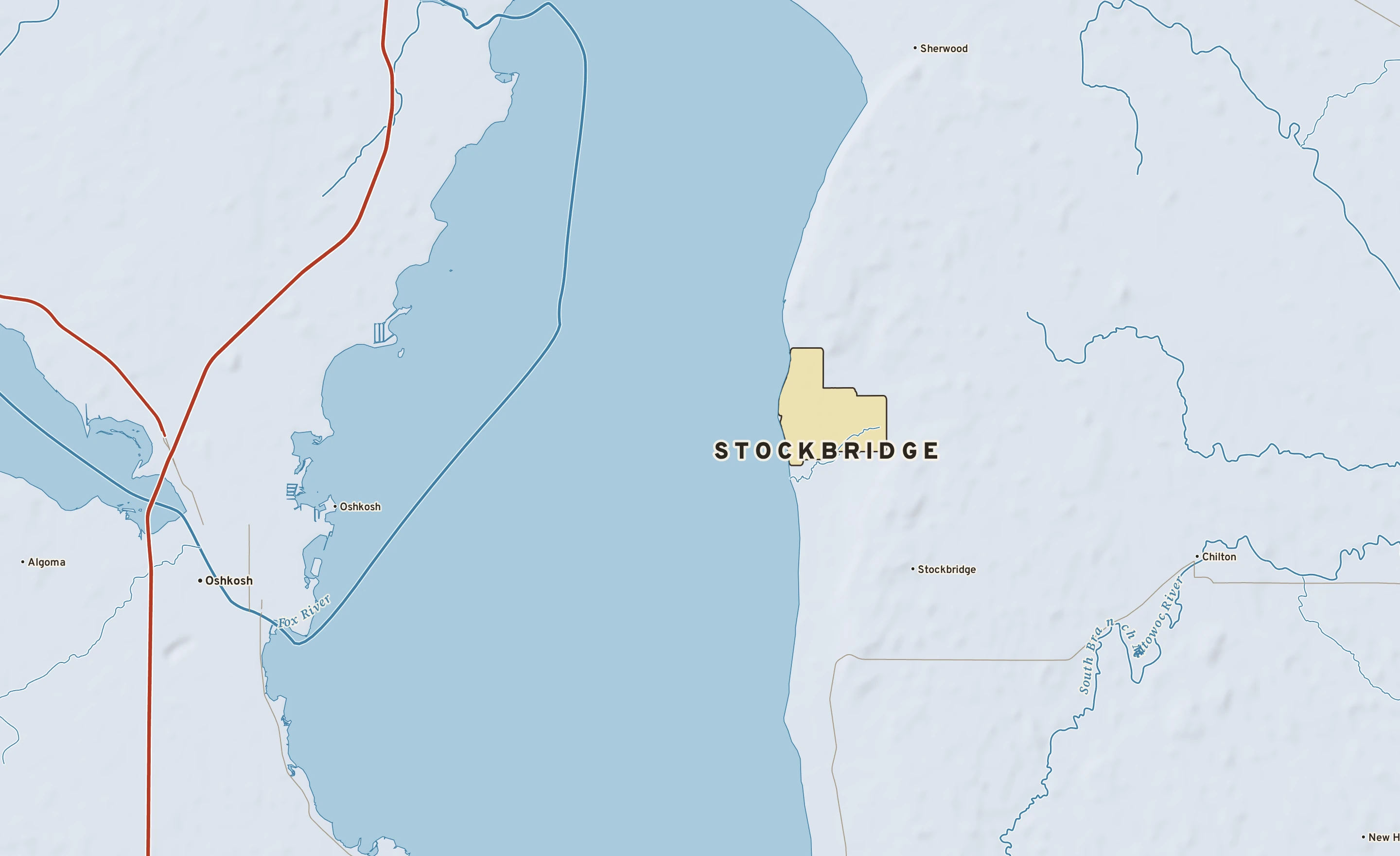 Shaded-relief atlas plate of Stockbridge, Wisconsin: rivers, roads, the city limits and where the water drains.