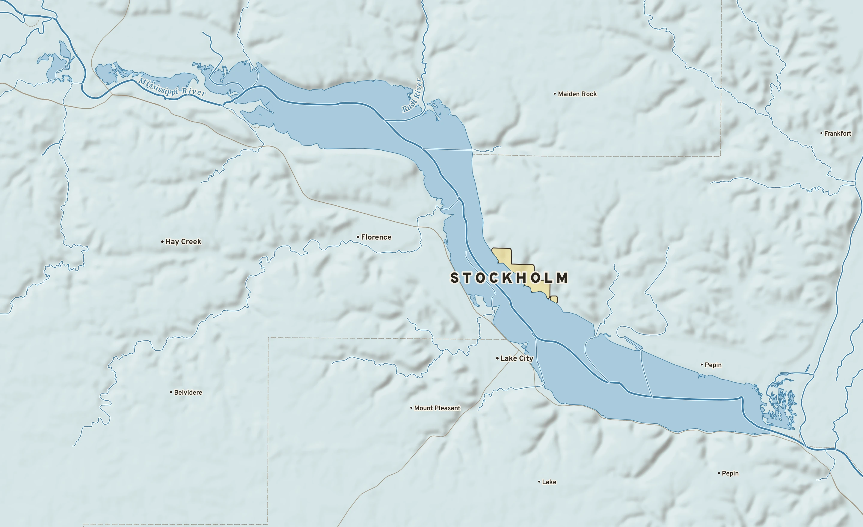 Shaded-relief atlas plate of Stockholm, Wisconsin: rivers, roads, the city limits and where the water drains.