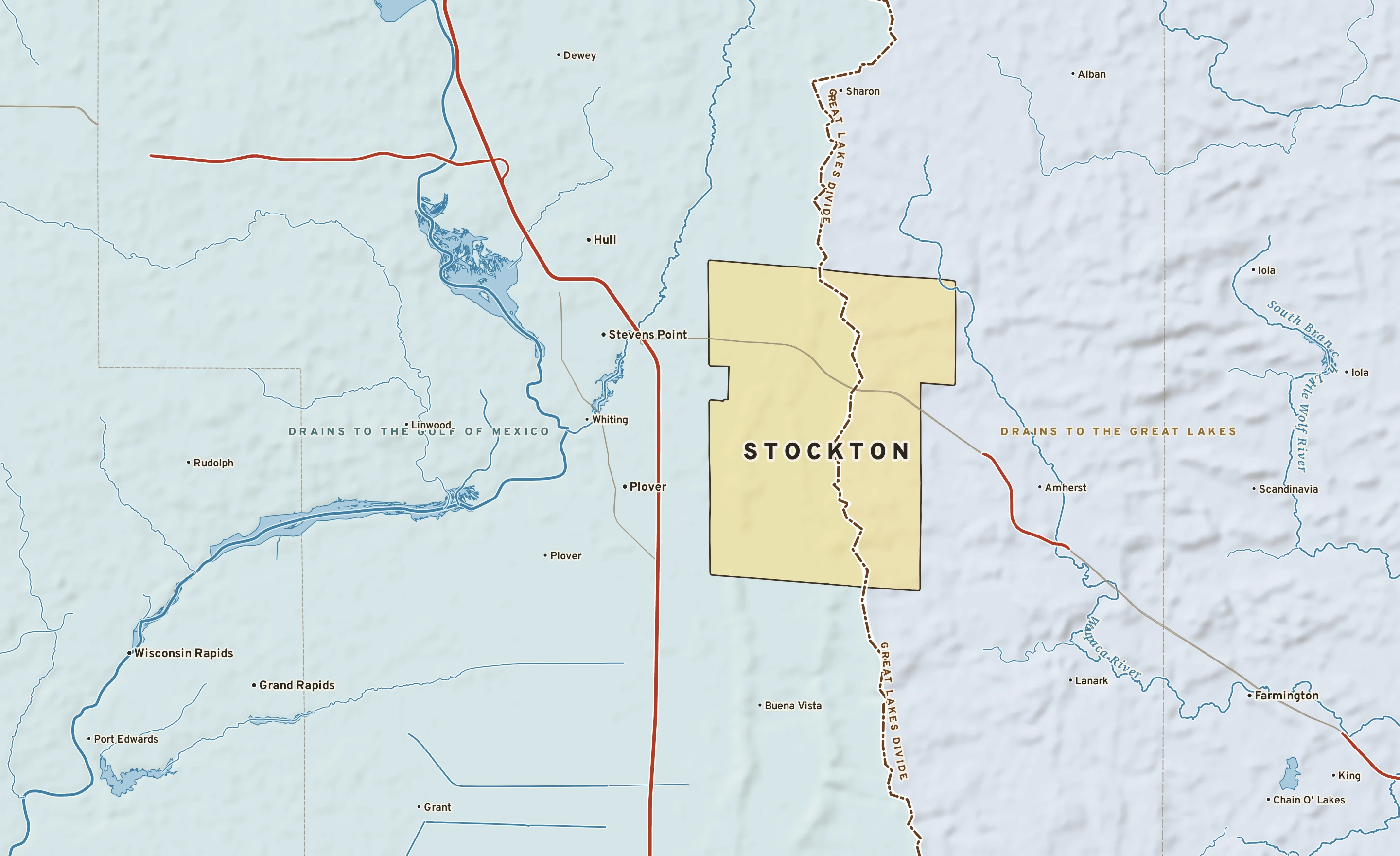 Shaded-relief atlas plate of Stockton, Wisconsin: rivers, roads, the city limits and where the water drains.