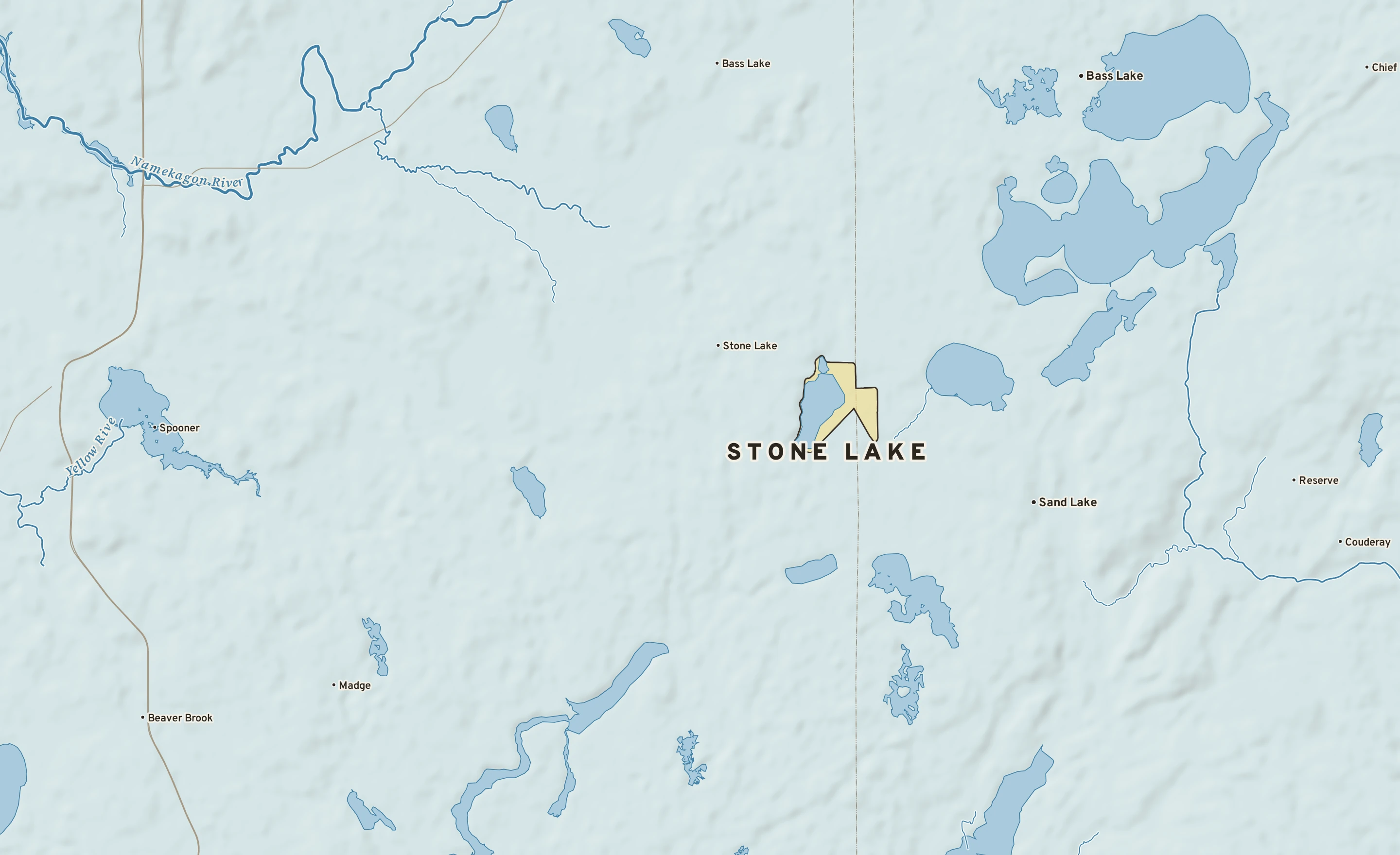 Shaded-relief atlas plate of Stone Lake, Wisconsin: rivers, roads, the city limits and where the water drains.