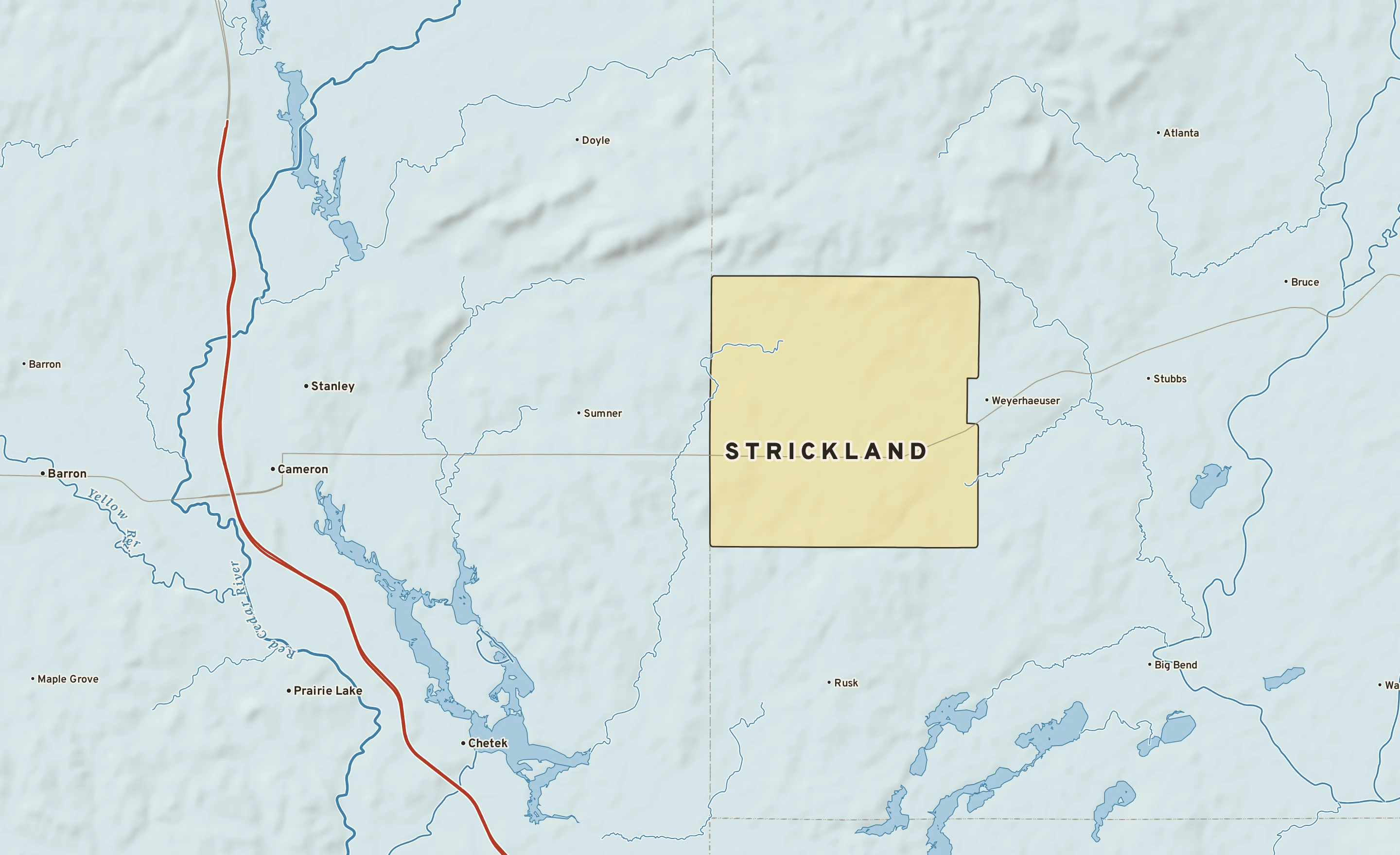 Shaded-relief atlas plate of Strickland, Wisconsin: rivers, roads, the city limits and where the water drains.