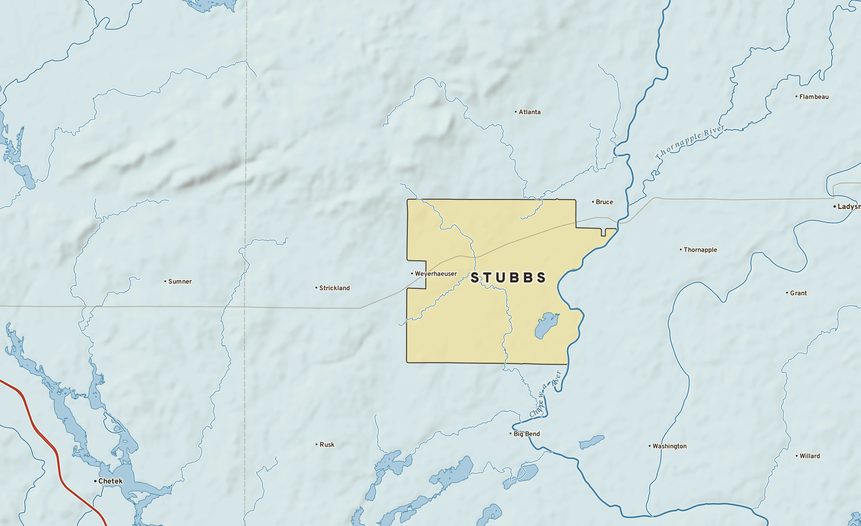 Shaded-relief atlas plate of Stubbs, Wisconsin: rivers, roads, the city limits and where the water drains.