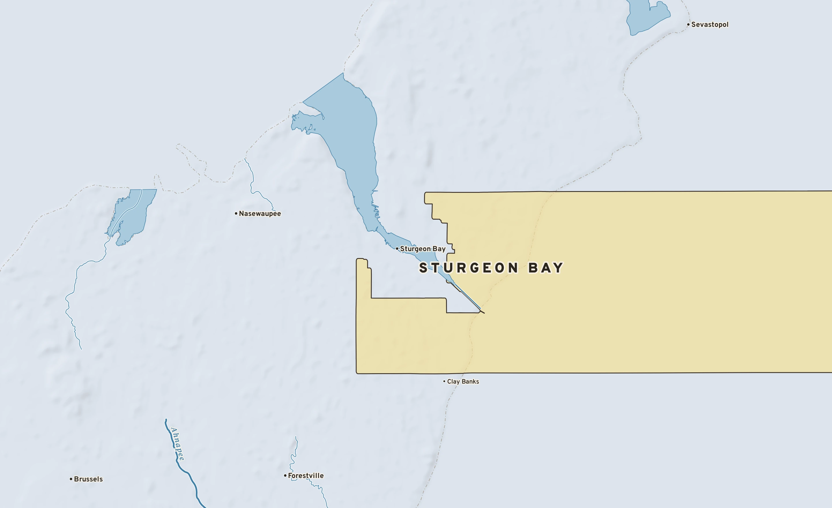 Shaded-relief atlas plate of Sturgeon Bay, Wisconsin: rivers, roads, the city limits and where the water drains.