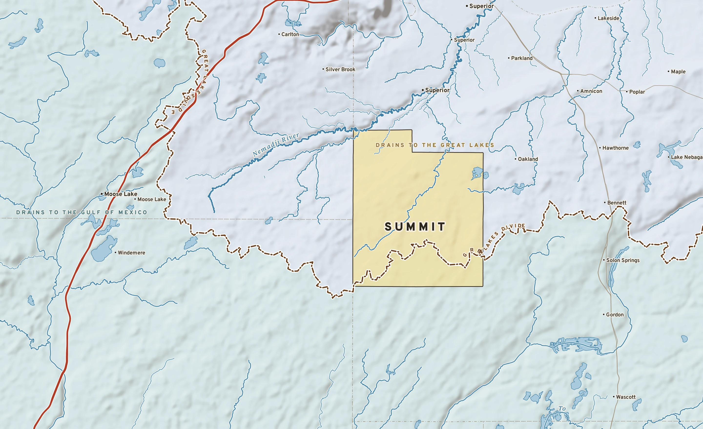Shaded-relief atlas plate of Summit, Wisconsin: rivers, roads, the city limits and where the water drains.