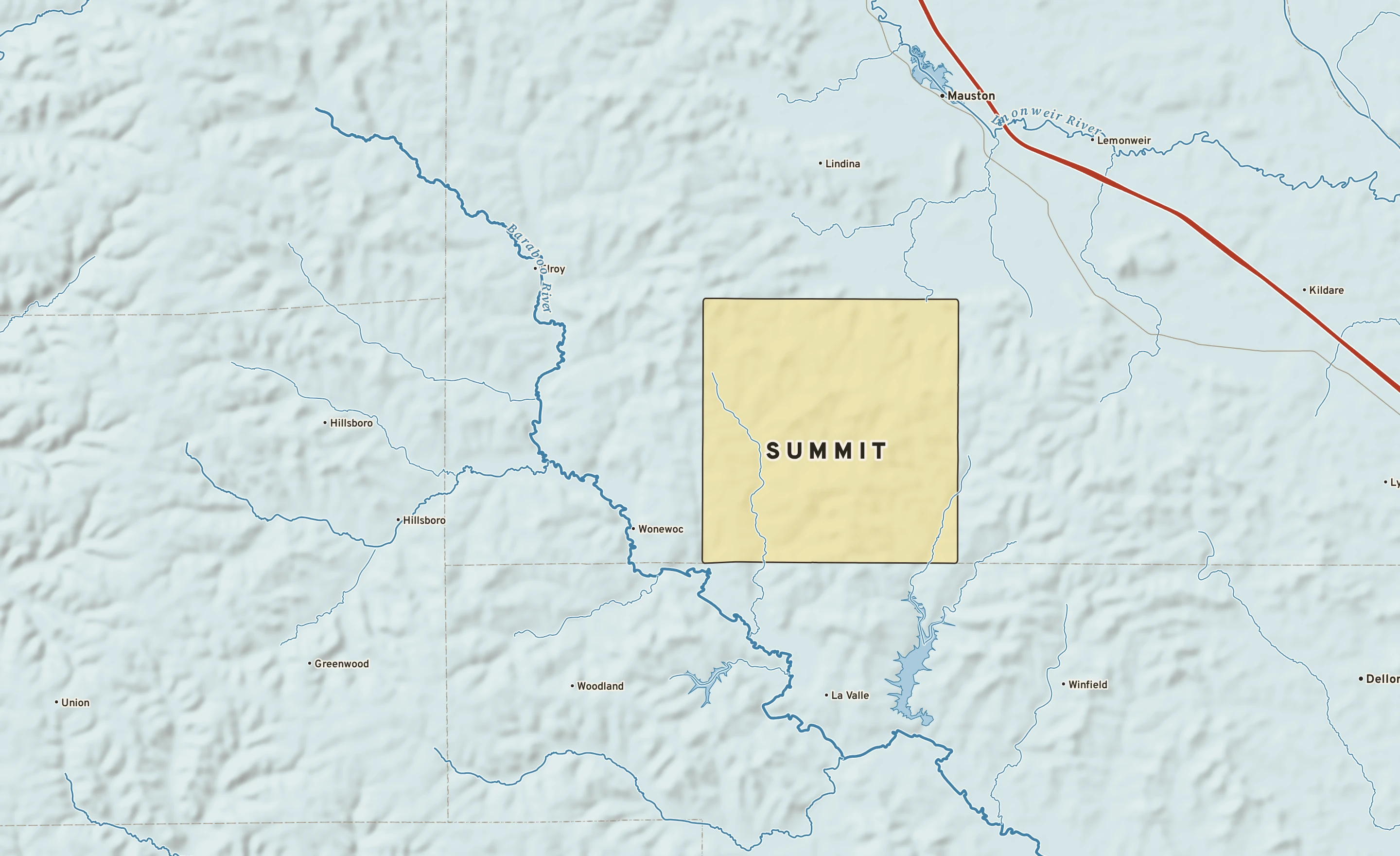 Shaded-relief atlas plate of Summit, Wisconsin: rivers, roads, the city limits and where the water drains.