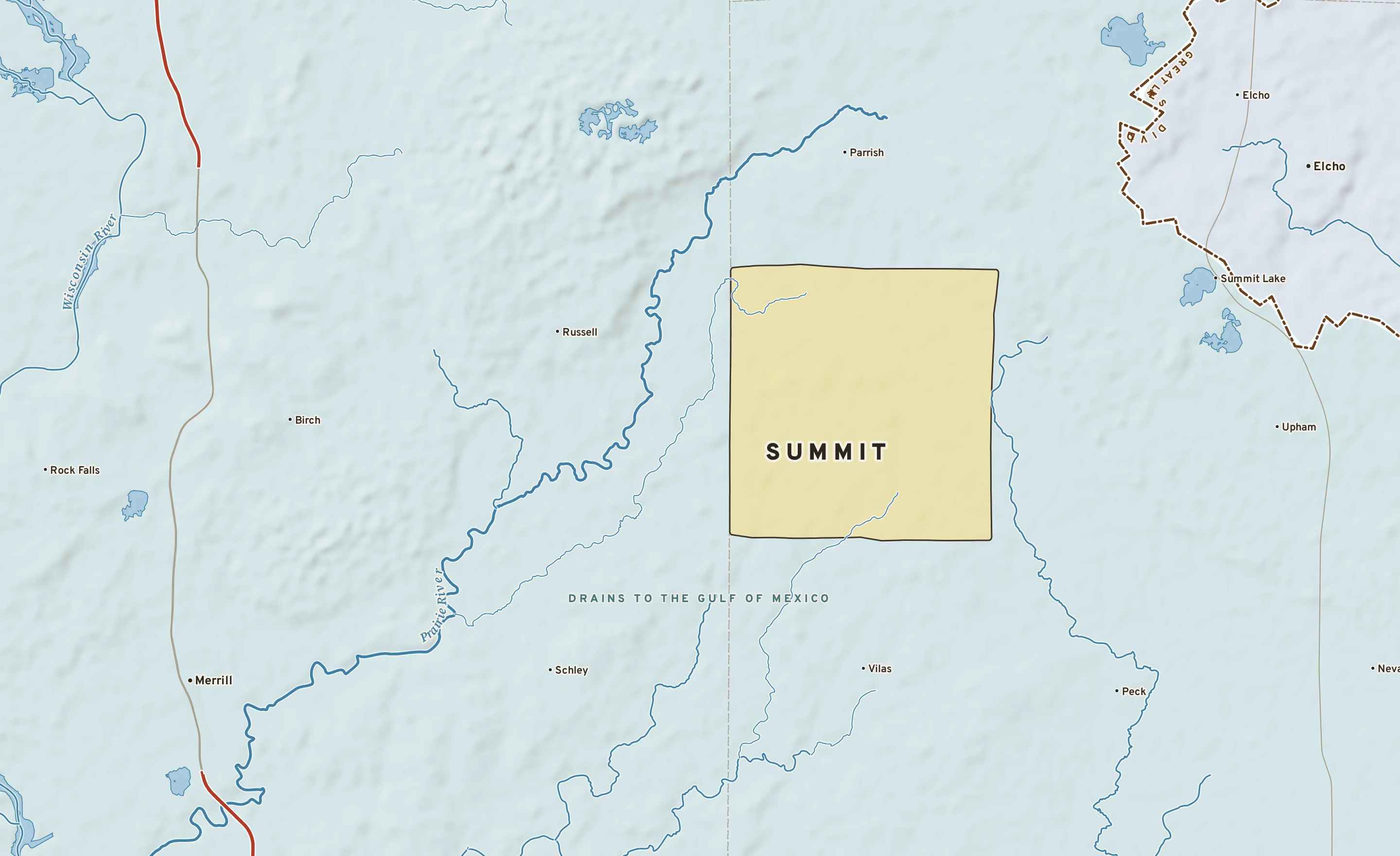 Shaded-relief atlas plate of Summit, Wisconsin: rivers, roads, the city limits and where the water drains.