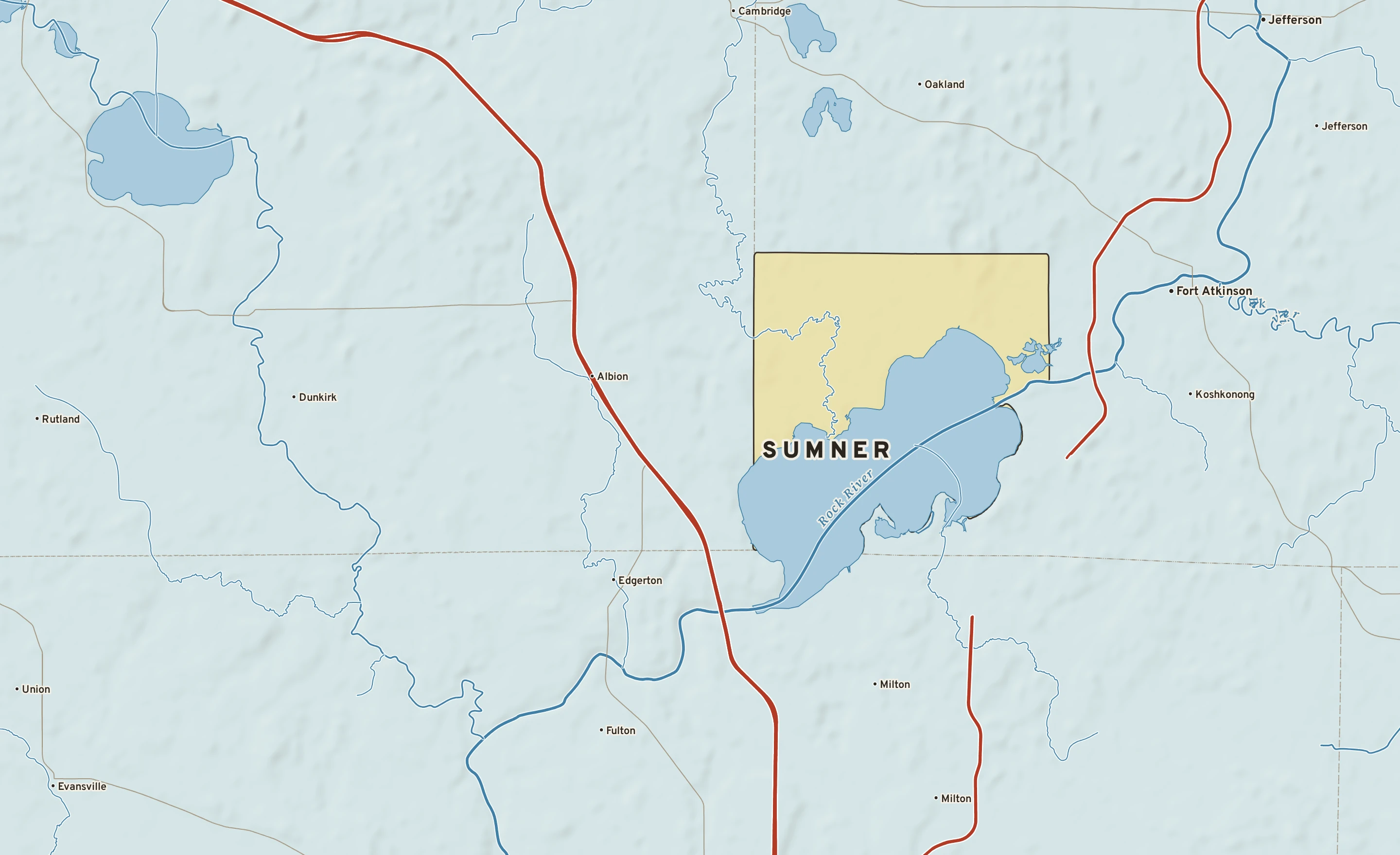 Shaded-relief atlas plate of Sumner, Wisconsin: rivers, roads, the city limits and where the water drains.