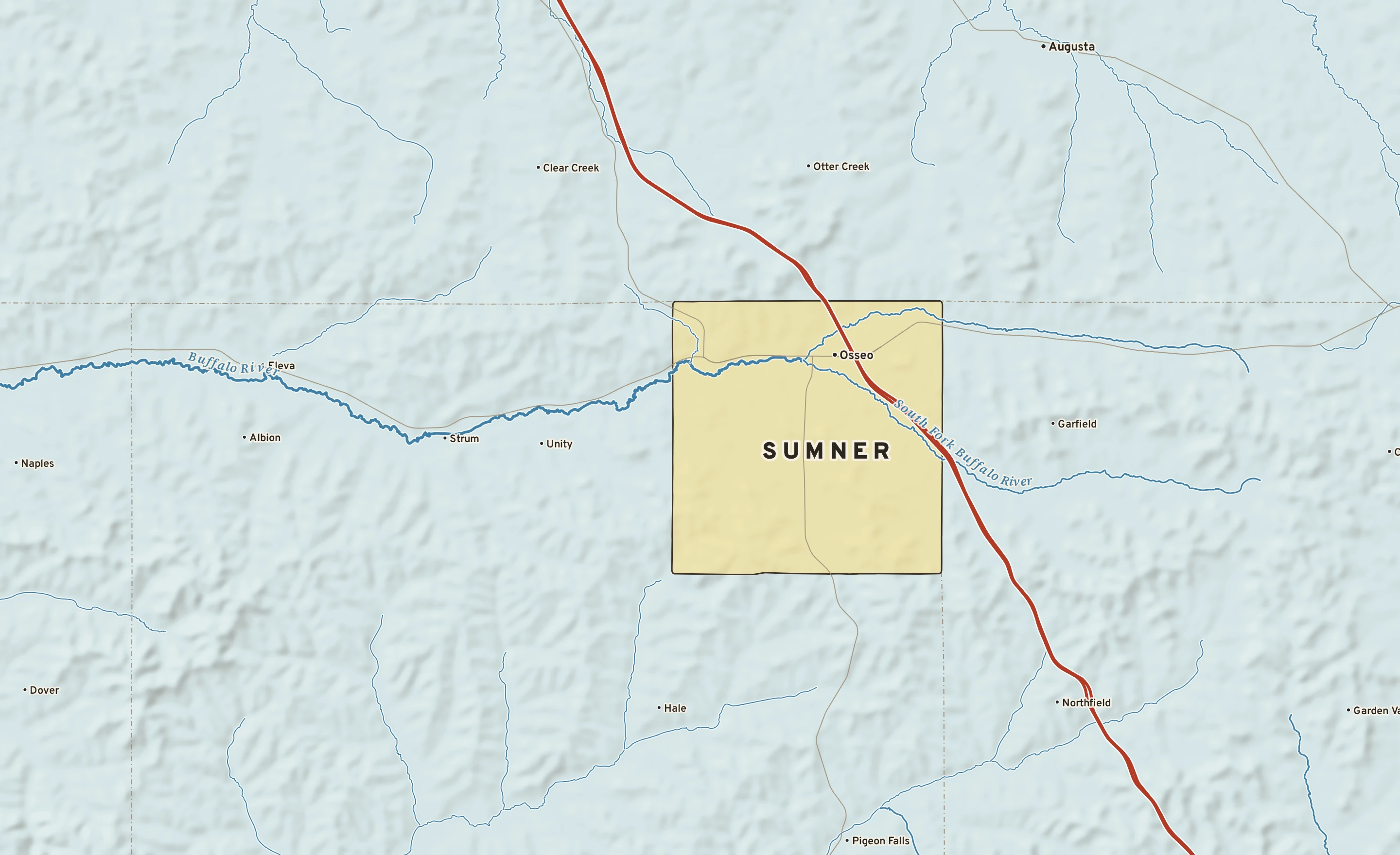 Shaded-relief atlas plate of Sumner, Wisconsin: rivers, roads, the city limits and where the water drains.