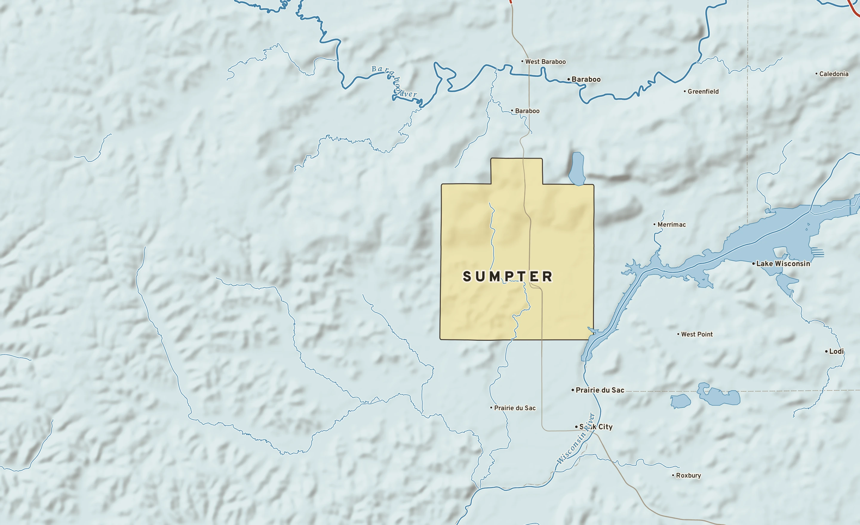 Shaded-relief atlas plate of Sumpter, Wisconsin: rivers, roads, the city limits and where the water drains.