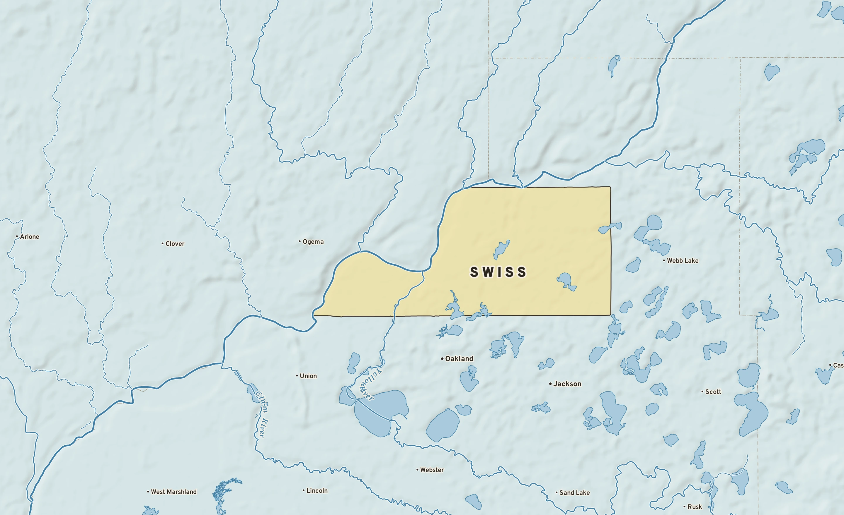 Shaded-relief atlas plate of Swiss, Wisconsin: rivers, roads, the city limits and where the water drains.