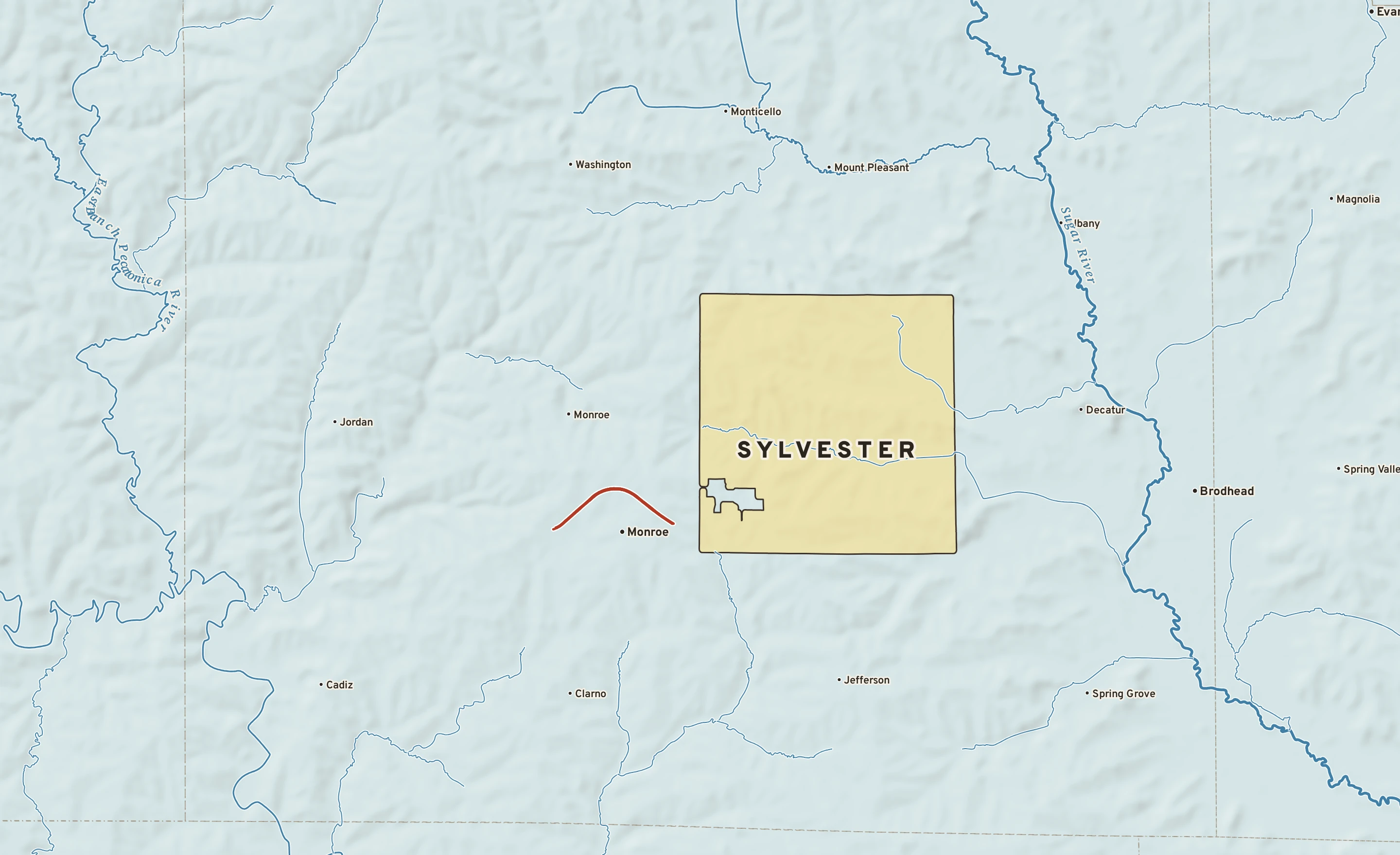 Shaded-relief atlas plate of Sylvester, Wisconsin: rivers, roads, the city limits and where the water drains.