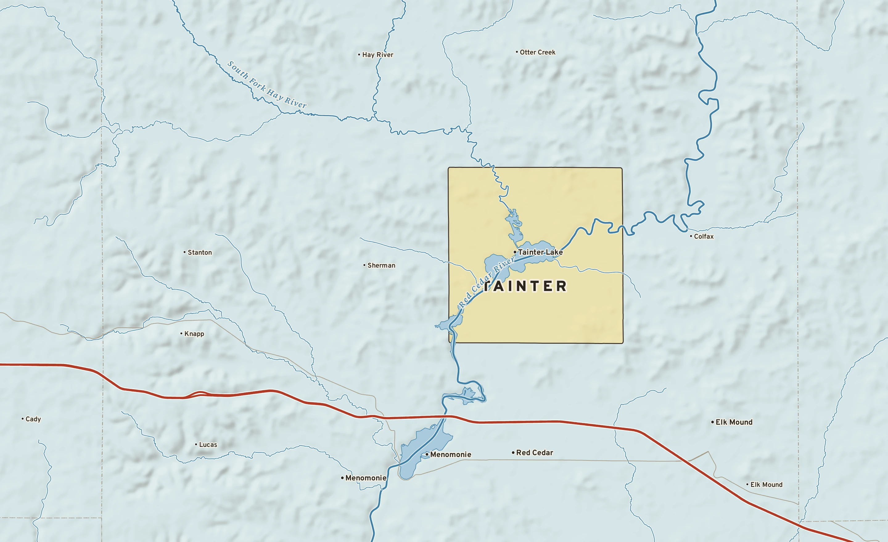 Shaded-relief atlas plate of Tainter, Wisconsin: rivers, roads, the city limits and where the water drains.