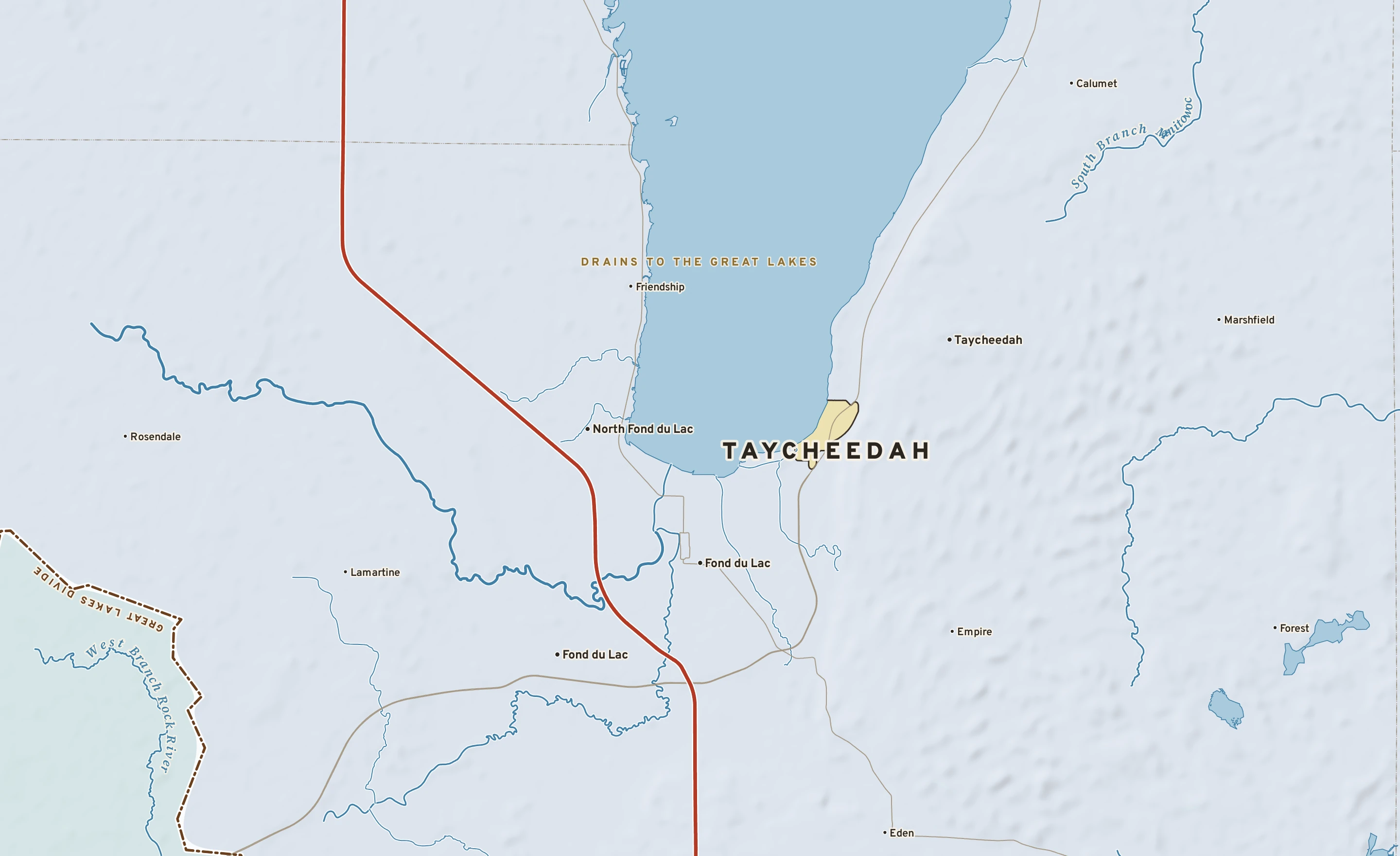 Shaded-relief atlas plate of Taycheedah, Wisconsin: rivers, roads, the city limits and where the water drains.