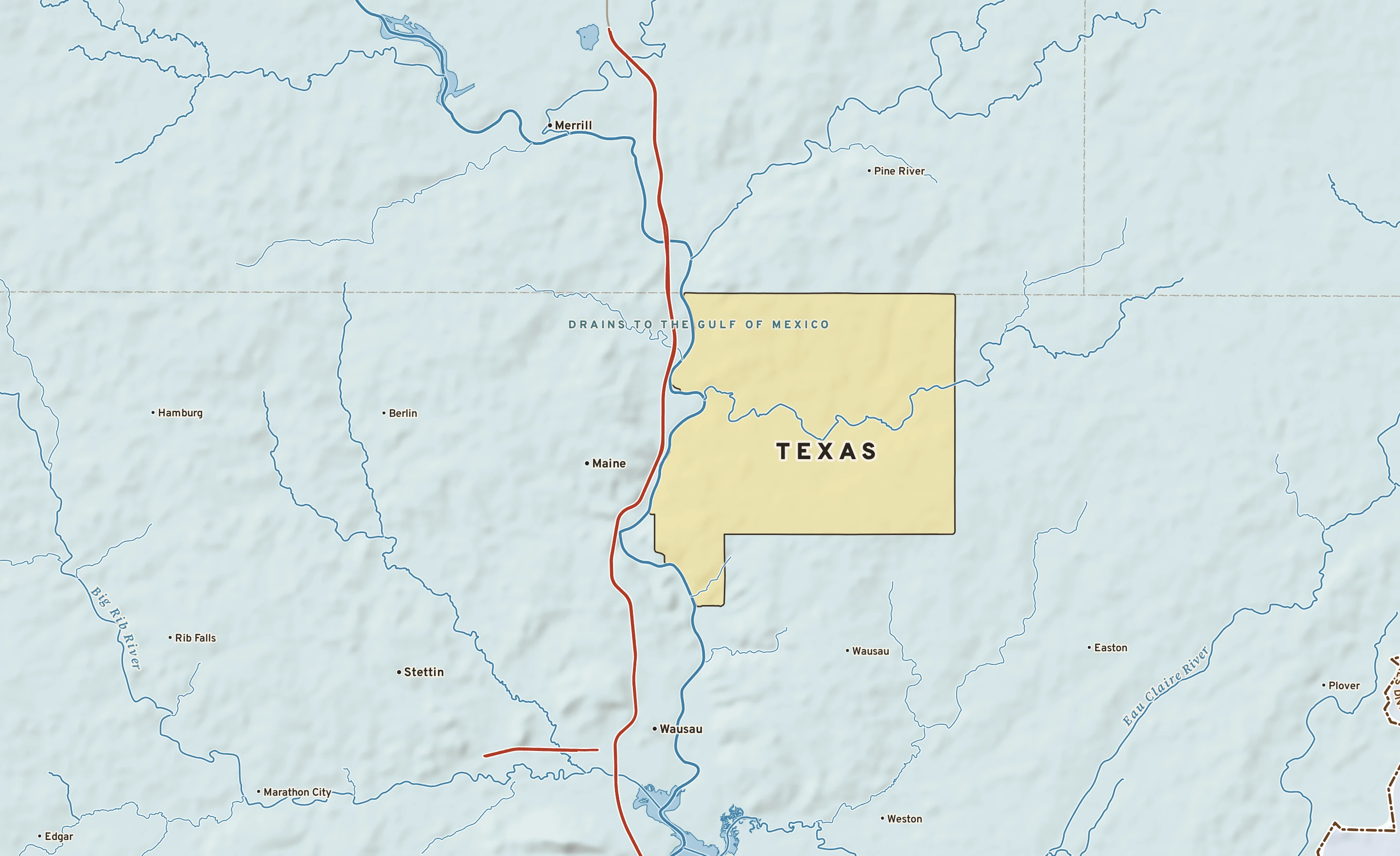 Shaded-relief atlas plate of Texas, Wisconsin: rivers, roads, the city limits and where the water drains.